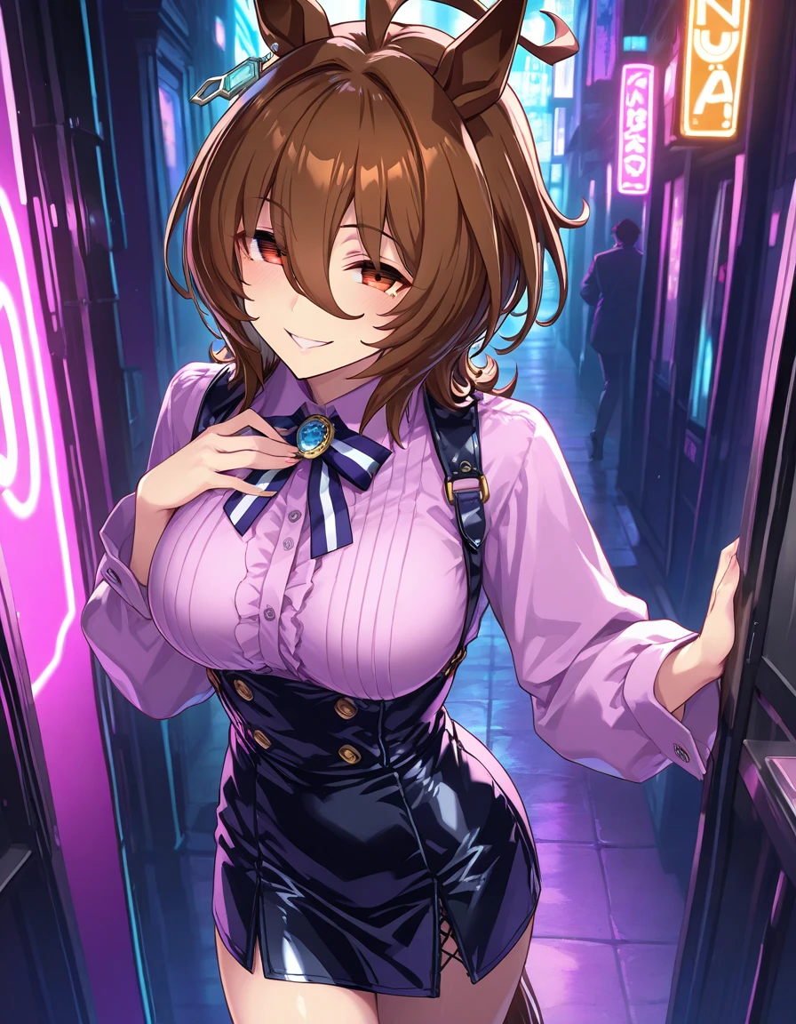 ((Highest quality、、masterpiece:1.3)), Upper Body、Long legs、Sharp focus:1.2, Beautiful woman with perfect figure:1.4、(Smiling:1.2), double eyelid、30-year-old female、Sexy pose、((((Close your mouth、One Woman、Bunny girl,Downtown at night))))、(((((手は体の横に)))))
