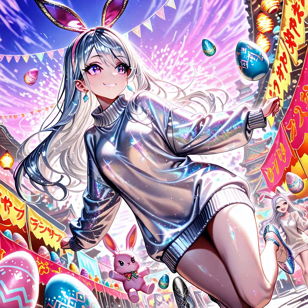 (Highest quality, 8k, 32K, masterpiece, Ultra-high resolution,:1.2),to be born, One Girl,So cute , Casino-like fantasy background, clear, Shining Eyes, Age 25 ,Fair skin, 薄いピンクの髪の毛 girl, Fantasy Clothing, Long Hair, An innocent smile, Small , night, Bunny girl, Rabbit Ears,Nyan Nyan Pose,sexy,Large breasts,Sparkling,Sparklingエフェクト,Rainbow colored leotard
