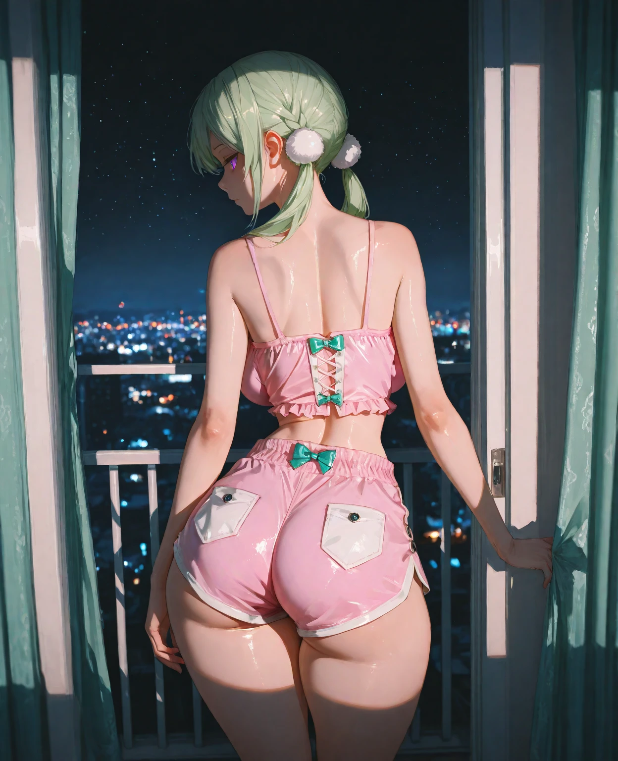 1girl, short green hair, green eyes, ((lingerie, big ass, ass up, ass focus, all fours, smile, fake cat ears, fake cat tail, in a bed, view from behind)), curvy figure, overlooking city, blush, day
BREAK
((((Double the size of your )))), Edo period of Japan, Castle attic, naked, Fair skin, seductiv, glamor, Tapun Tapun , oiled, shiny, pubic hair triangle, dripping pussy, seductive
BREAK
Beautiful background, volumetric lighting,