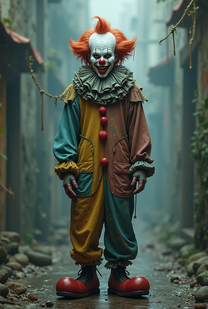 Sad clown in front of a rundown circus 