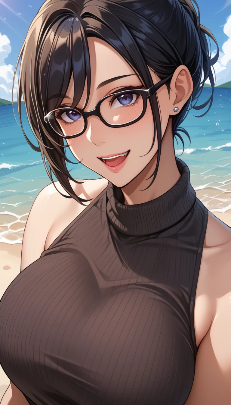 masterpiece, best quality, shimizu kiyoko, looking at viewer, black hair, blue eyes color, very large breasts, upper body, portrait, looking at viewer, seductive smile, armpits, armpits visible, sweaty armpits, naked, wearing glasses, ponytail hair, ocean backround, nipples hard