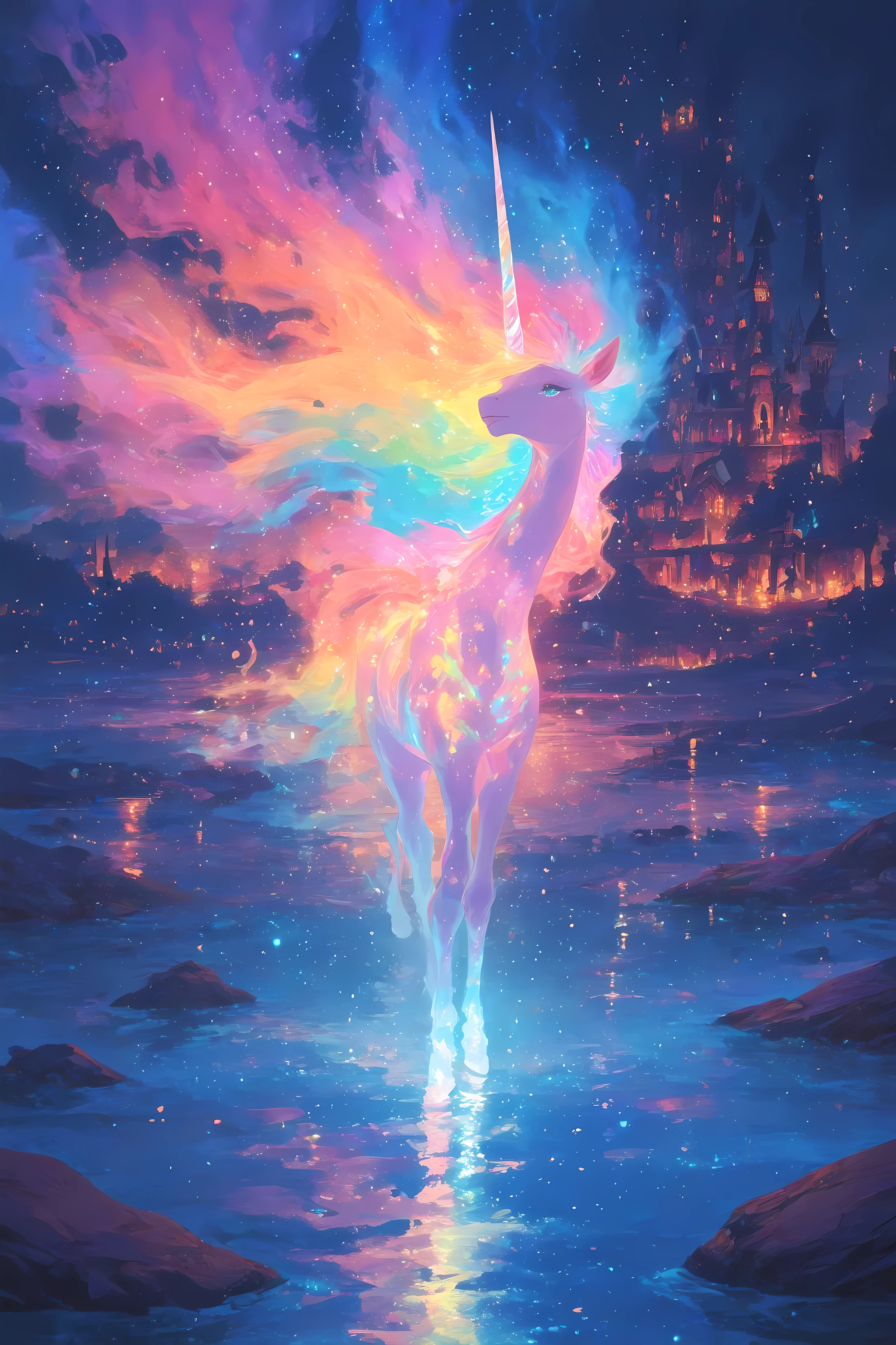 a majestic unicorn with an ethereal glow,iridescent mane from a unicorn's horn, Stand Up,A magical landscape , rich colorful colors to illuminate a foggy night, an enchanting castle on background, a path of light that sparkles in quiet water, fantastic dream land,focus on the unicorn,spirit of wind,8k,HDR,