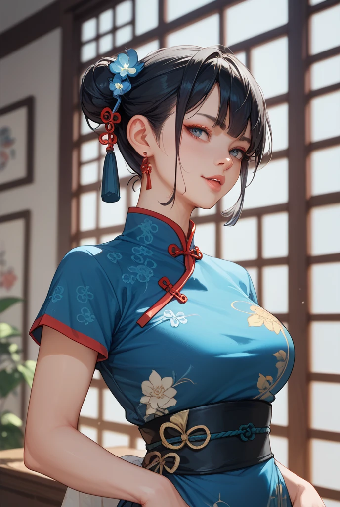 (masterpiece、highest quality)、(Photorealistic:1.4)、 Mature Woman, Beautiful thighs、Front view、1 girl、30 years old、Perfect Face、Symmetrical cute face、(Bun Hair、Black Hair)、Big eyes、Long eyelashes、((tall、The chest is open))、Beautiful Hair、Beautiful Face、Beautiful and beautiful eyes、Perfect Proportions、Beautiful breasts、Beautiful feet、Beautiful fingers、((High quality fabric、floral pattern cheongsam、Skirt flip))、(To the hospital)、Are standing、 (smile), (((Skirt lift with both hands、panties are visible)))