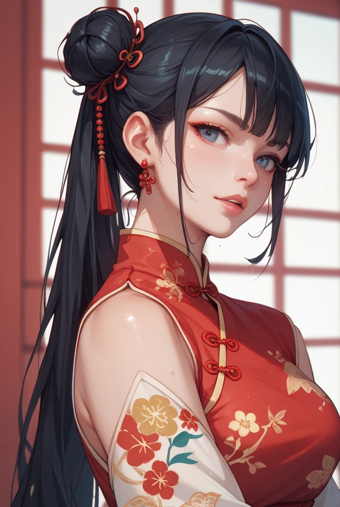Mature women，Black long hair，Hair up，Red Hanfu，Showing cleavage，Show your shoulders，Beautiful black eyes，Extremely detailed，high resolution，Simple background