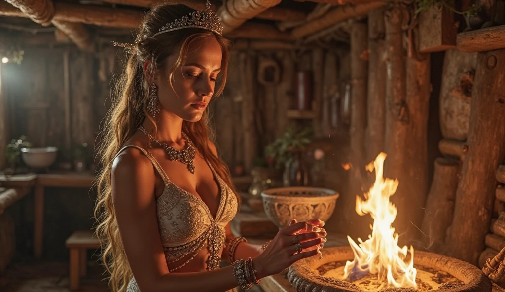 top quality, photo, hi-res, 1 woman, 35 years old, german, western style fortune teller outfit, hair ornament, necklace, jewelry, beautiful face, calm smile, upon_body, Tyndall effect, photorealistic, divination room, candles on table, tarot cards, rim lighting, two tone Lighting, (High Definition Skin:1.2), 8k uhd, DSLR, soft lighting, high quality, volumetric lighting, candid, photography, high resolution, 4k, 8k, bokeh, high saturation