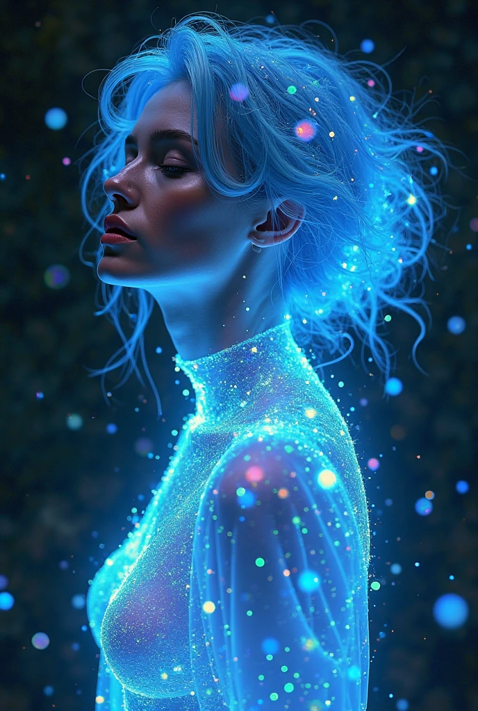 (Facing Viewer), Nude, half body, close up, glowing woman in ocean blue, blue hair, ethereal light, dark background, intense light, surreal atmosphere, digital art, dramatic lighting, detailed textures, ultra-high resolution