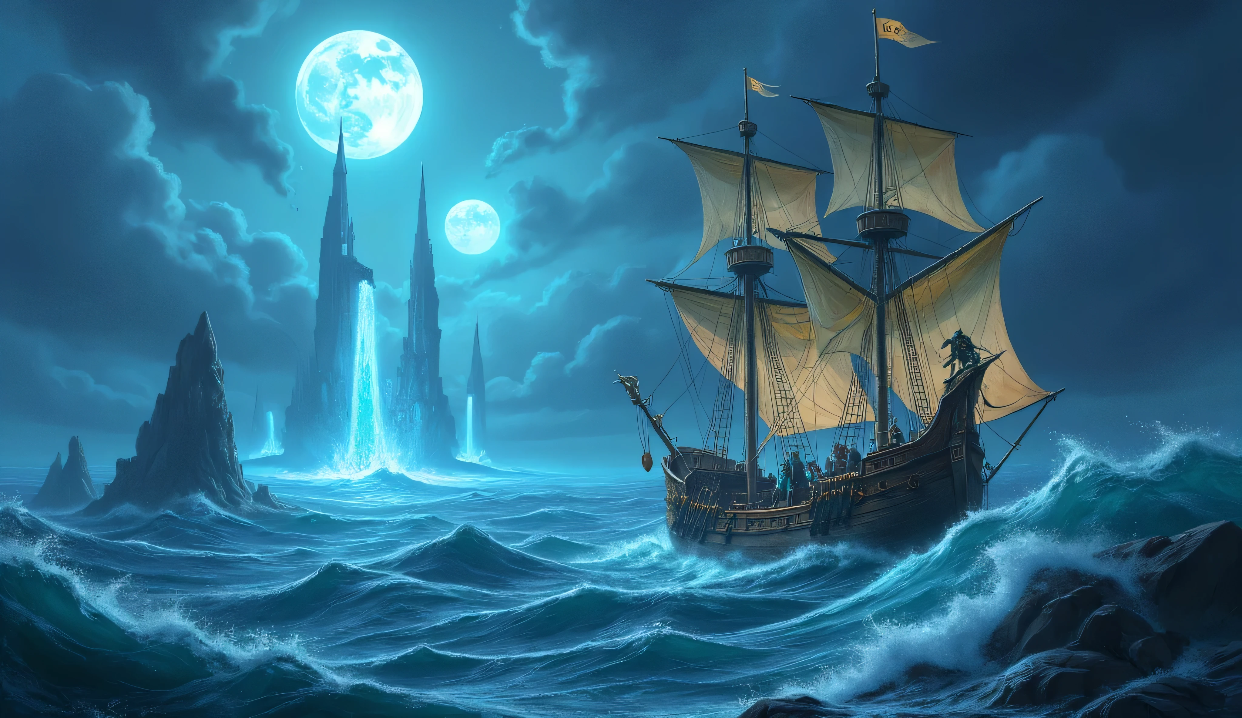epic 'Ocean Odyssey' scene, Dungeons & Dragons fantasy world, majestic magical ship sails, vast mysterious ocean filled with glowing waves, ship is crafted from enchanted wood and dragonbone, sails made of shimmering ethereal fabric, diverse crew of fantasy adventurers, elven navigator, dwarven cannoneer, tiefling sorcerer, goliath warrior, stand ready for the unknown, towering water spires, sky is a shines with 2 suns, wonder and peril, grand seafaring quest through enchanted waters