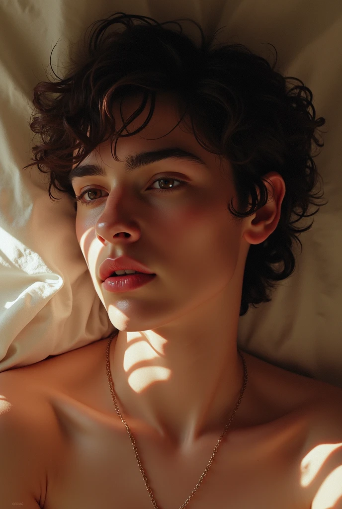 Hay un hombre acostado en una cama con una rosa., beautiful androgynous prince, cara perfecta y chico, Timothée Chalamet, delicate androgynous prince, tendido sobre rosas, portrait of Timothée Chalamet, por Irakli Nadar, he has short curly brown hair, por Anna Haifisch, handsome young prince, Aesthetic Portrait