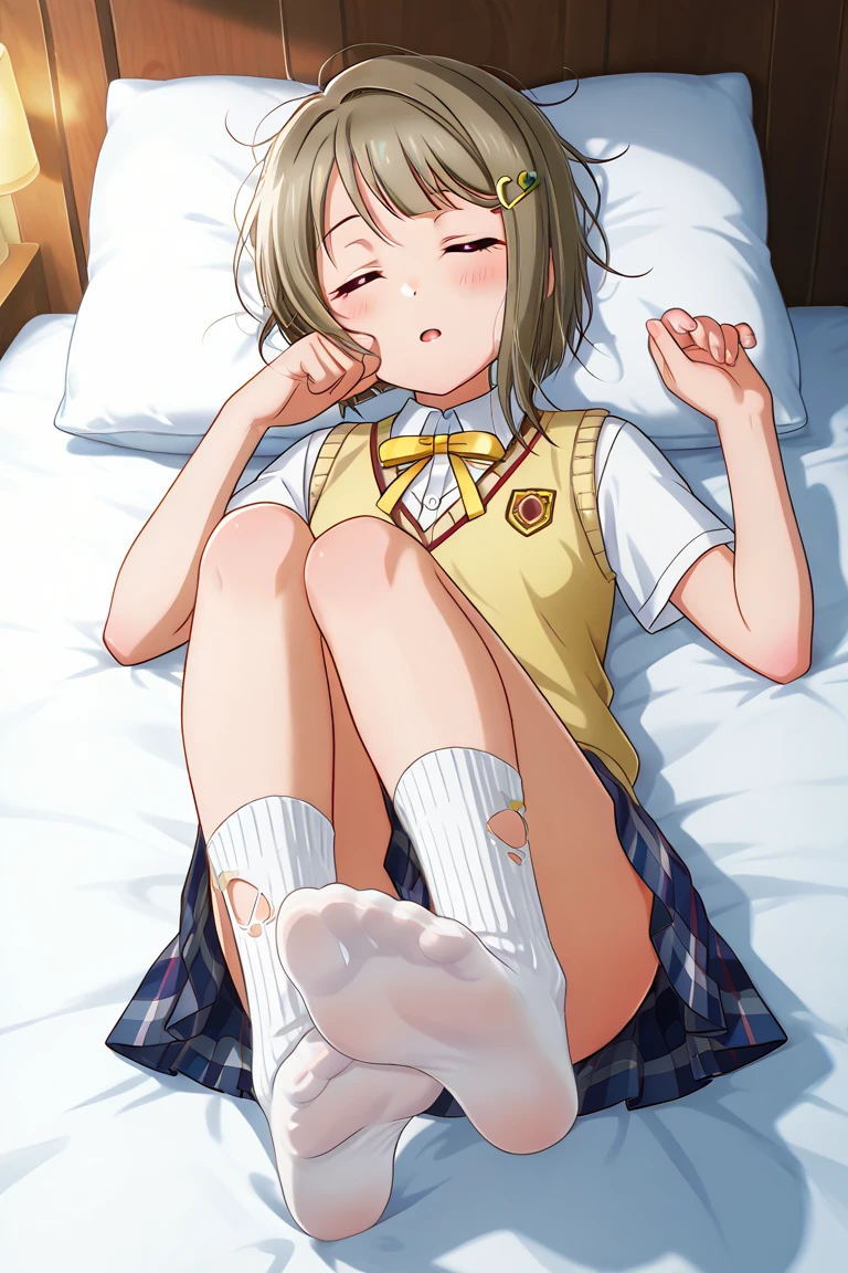 (Highest quality), (masterpiece), highly detailed, Ultra-high resolution, Mature Woman, Wearing white socks, a white short-sleeved shirt, and a yellow knit vest, with her grey pleated skirt turned up, she spreads her legs in bed and I insert my penis into her and impregnate her while having sex with her. She falls asleep and falls asleep without realizing it. I then push her silk panties aside and insert my penis into her., whole body, Eyes that are uniform in shape, Brown Hair, Short hair with the right side swept back, She has a full head of pubic hair, Beautiful Vagina, White semen is spilling out from the gap between her vagina and my penis inserted in her vagina., A small cross-section of a uterus with a penis expelling semen in the background, Small Breasts, Sleeping with both eyes closed,