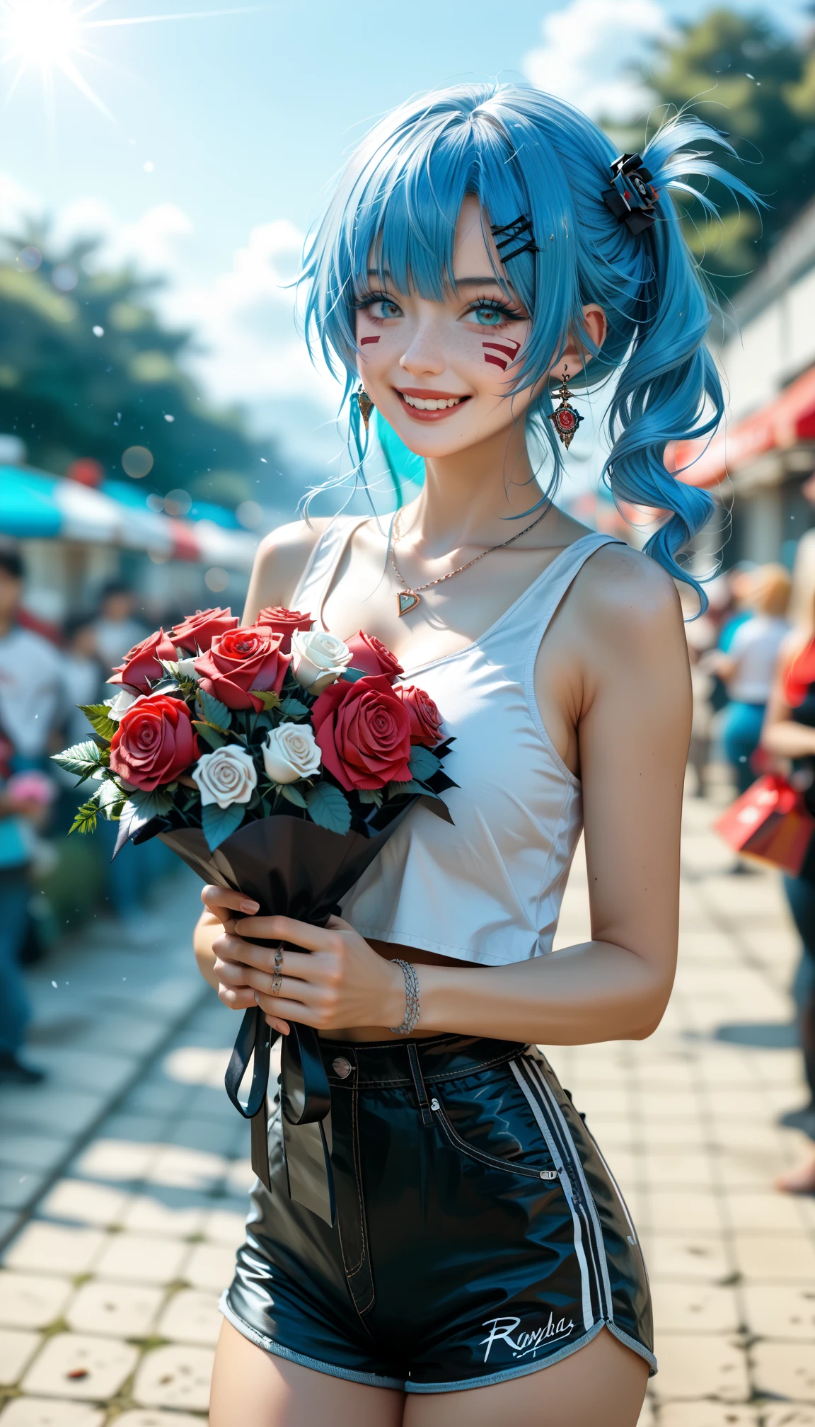 best quality, (1girl, Turquoise hair, bald, red lips), (wearing a long skirt, long shirt), holding a bouquet, in a city <lora:hairdetailer:.5> <lora:add_detail:0.5> <lora:boldline:0.2>