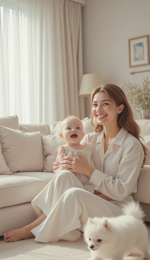 Happy mom sitting in armchair with her baby, RAW photo, portrait, realistic, intricate, elegant, highly detailed, depth of field, natural lighting, hard focus, ray tracing, (smile: 1.2), 8k uhd, dslr, soft lighting, high quality, film grain, Fujifilm XT3 --auto --s2