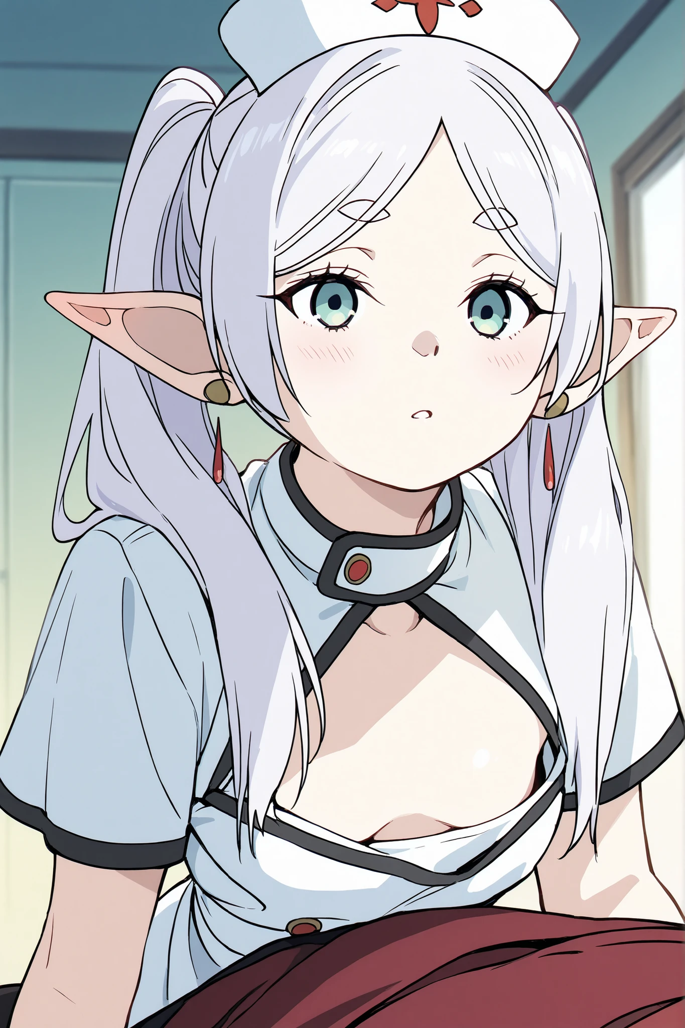 Lora: Frieren bending down small bsexy nurse shy expression white hair greegreen litter cleavage tiny