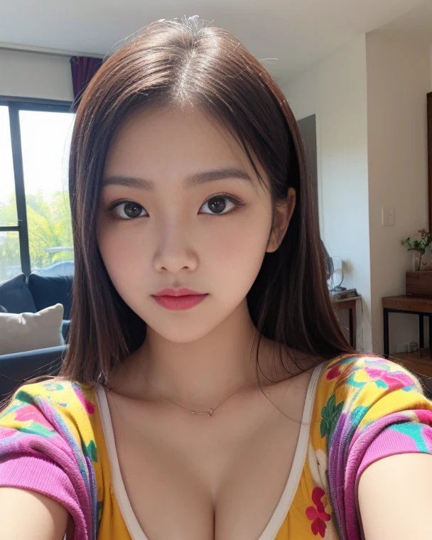 (Original Character、Unity 16K Wallpaper, Masterpiece, Best Quality, Ultra-Detailed, Extremely Detailed CG, Caustics, Cinematic Lighting, Detailed, Beautiful Detailed Eyes, solo), Ultra High Resolution, fine skin, (makeup,eyeliner,eyeshadow:1.1,tanned skin,mascara,curby:1.2,above chest:1.2,mega big tits), (strong light)、oily skin,sity,smile, light hair color, casual clothes,vivid, from front:1.2、gal