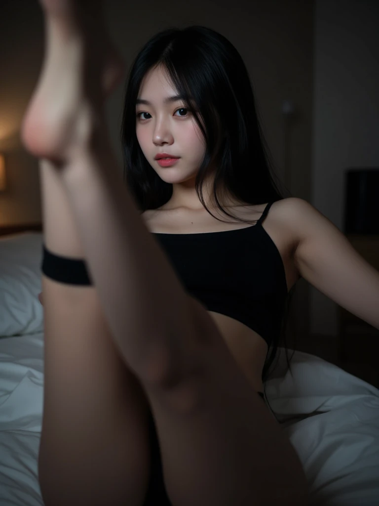 1girl, black eyes , wet hair, smile, hotel room, on bed, (lay on), ((legs up)), ((hold knee)), camera apps frame, ((camera footage)), sweat, steam, best quality, very aesthetic,