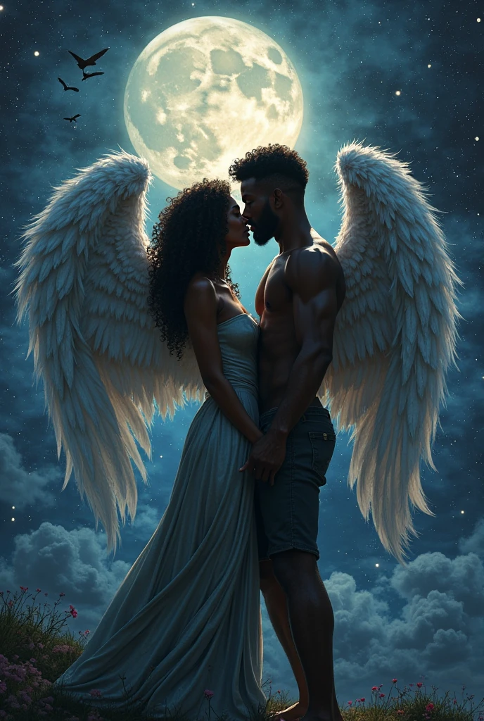 Mighty male angel brown skin complexion protecting female angels in the back ground from danger