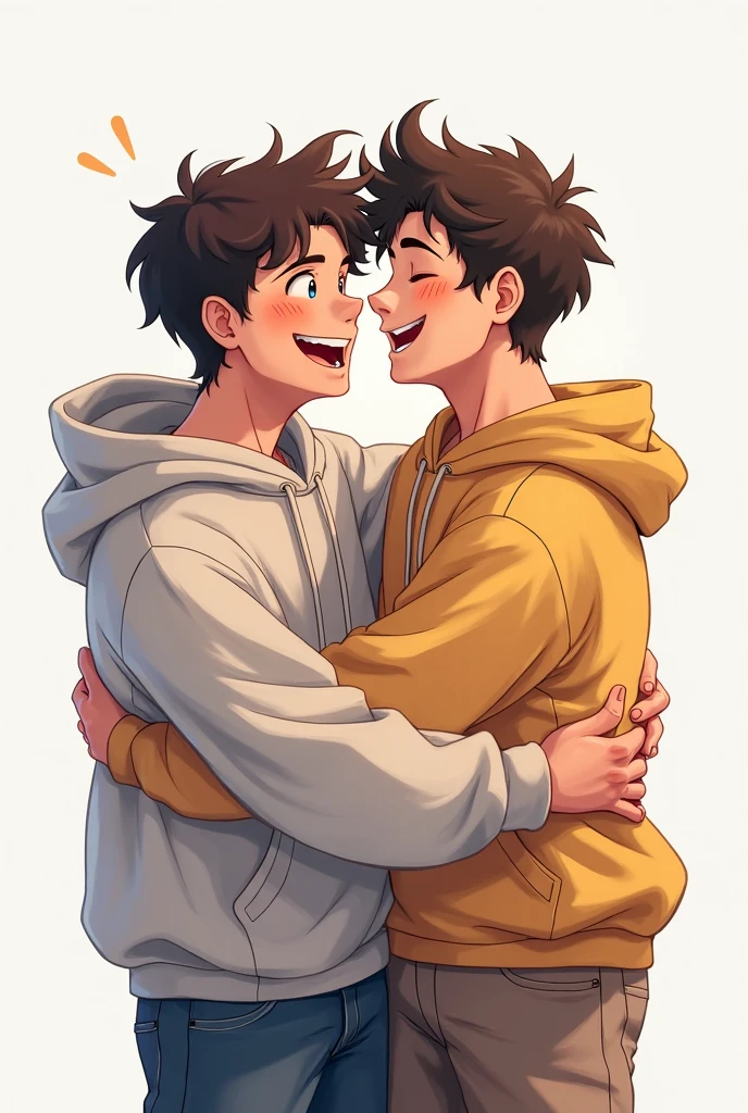 Male,pierced ears,light tan skin,grey blue eyes,black hair messy,stubble beard,black t-shirt,black short,in his room cuddling with his Male,light tan skin,long brown shoulder length hair half up half down,hazel eyes,pink hoodie hoodie,pierced ears,black shorts,boyfriend