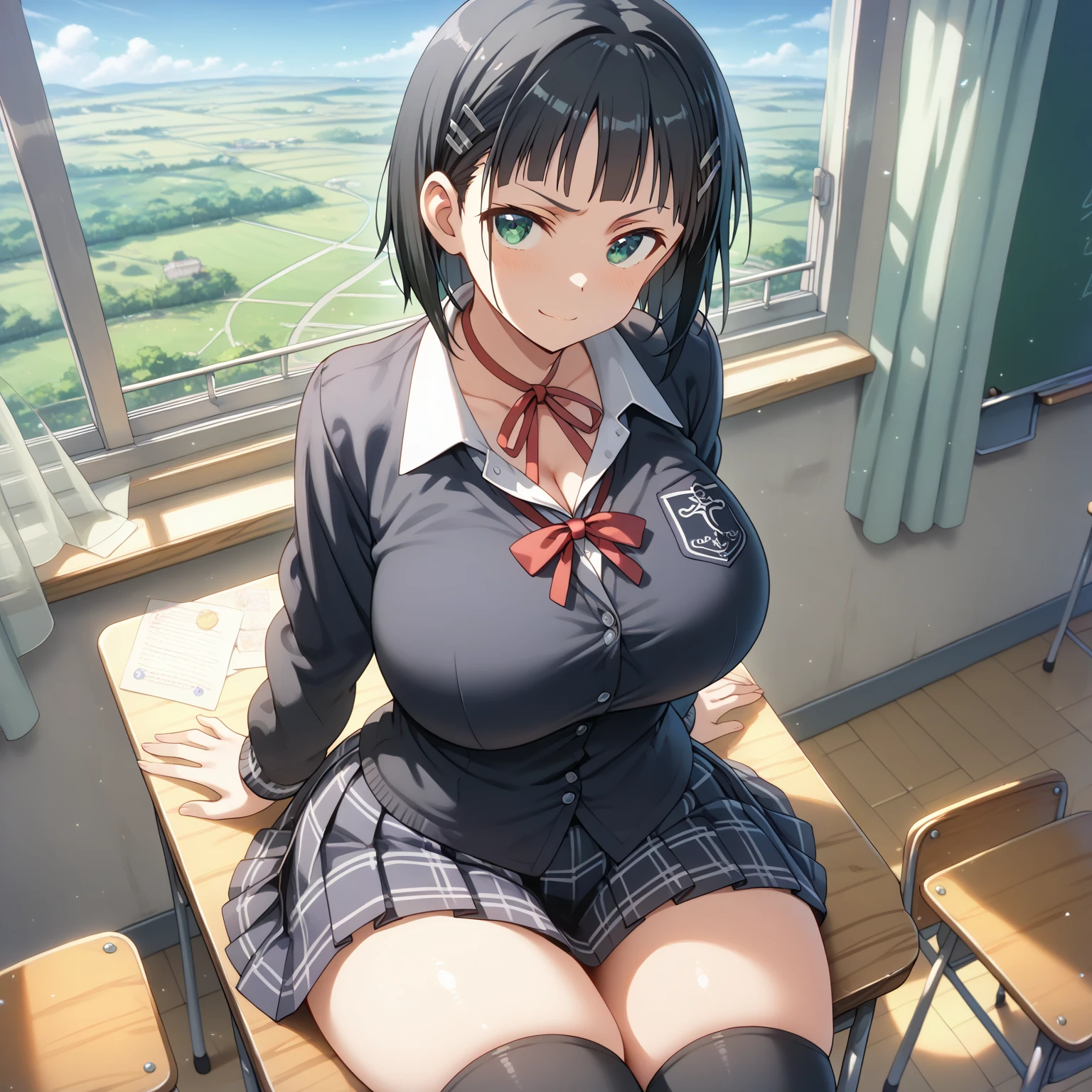 (top-quality、in 8K、32K、masterpiece、nffsw、超A high resolution、Impresionismo、huge breasts, Photorealsitic:1.2)、Angle from above、High angle、Colossal tits、cowboy shot, detailed faces and eyes、 Inside the classroom、Schools、Evening glow、beauitful face、blurry backround、16-year-old beautiful girl、shinny skin、long、Beautiful black hair、Blunt bangs、Invincible smile、Gray eyes、a sailor suit、Pleated miniskirt、Curve、Stand on one knee、Opening legs、(seduction)、((scornful look))、chubbily、((plump body))、((plump face))、((plump body))、((plump face))、((plump body))、((plump face))、((plump body))、((plump face))、((growing thighs))、((growing boobs))、((growing thighs))、((growing boobs))、((growing thighs))、((growing boobs))、((growing thighs))、((growing boobs))、((growing thighs))、((growing boobs))、((growing thighs))、((growing ))、((growing thighs))、((growing ))、((growing thighs))、((growing ))、((showing panties))