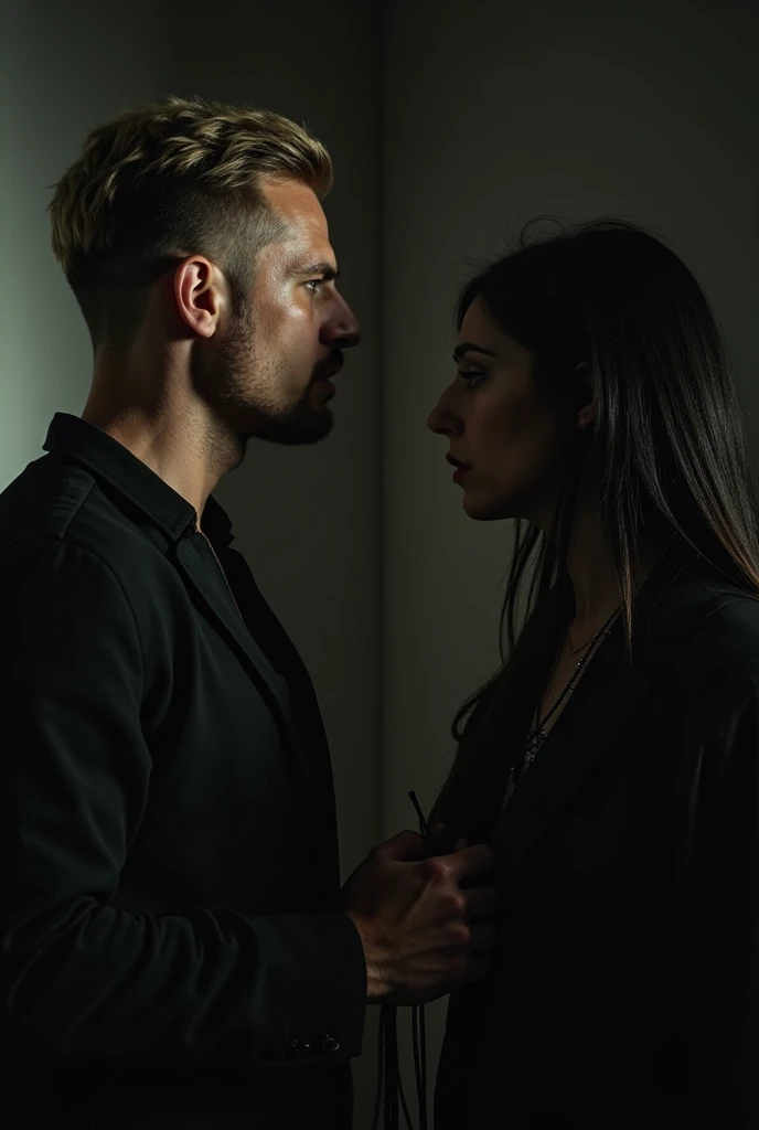 man and woman dating in a dark alley. 4K resolution captures every detail, play of shadows and light on the skin. vivid, emotionally charged moment. portrait, perfect faces