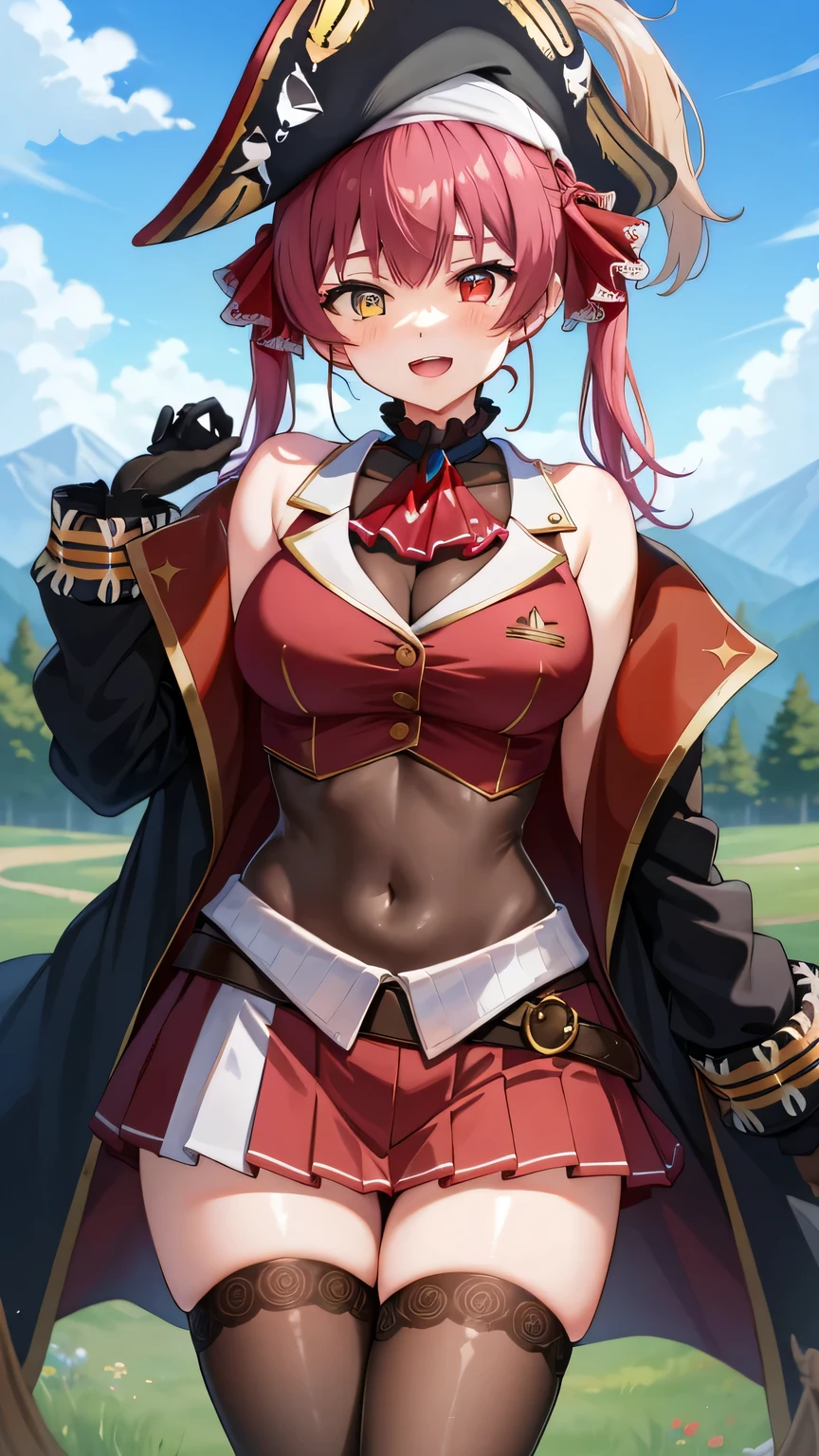 {{{masterpiece}}}, (best quality:1.5), (ultra-detailed:1.5), {illustration}, {{an extremely delicate and beautiful}}, (beautiful detailed eyes:1.6), absurdres, highres, extremely detailed face, 16k, hd, visual anime de uma jovem mulher, extremamente bonito rosto de anime, anime melhor garota, (perfect hands, perfect anatomy), anime face, Houshou Marine(Hololive), aamarine, houshouBase, 1girl, solo, cute face, long hair, red hair, twintails, hair ribbon, heterochromia, (red eyes:1.3), yellow eyes, breasts, large breasts, big hips, curvaceous, BREAK, black bicorne, pirate hat, black coat, long coat, long sleeves, off shoulder, red jacket, cropped jacket, sleeveless jacket, leotard, see-through, leotard under clothes, frilled choker, red ascot, white gloves, brown belt, red skirt, miniskirt, pleated skirt, leather belt, black thighhighs, thighs, zettai ryouiki, BREAK, smiling, looking at viewer, open mouth, flushed cheeks, flash effect, outdoor, mountain, daytime, forest, flower garden, field, sunshine, peer in from below