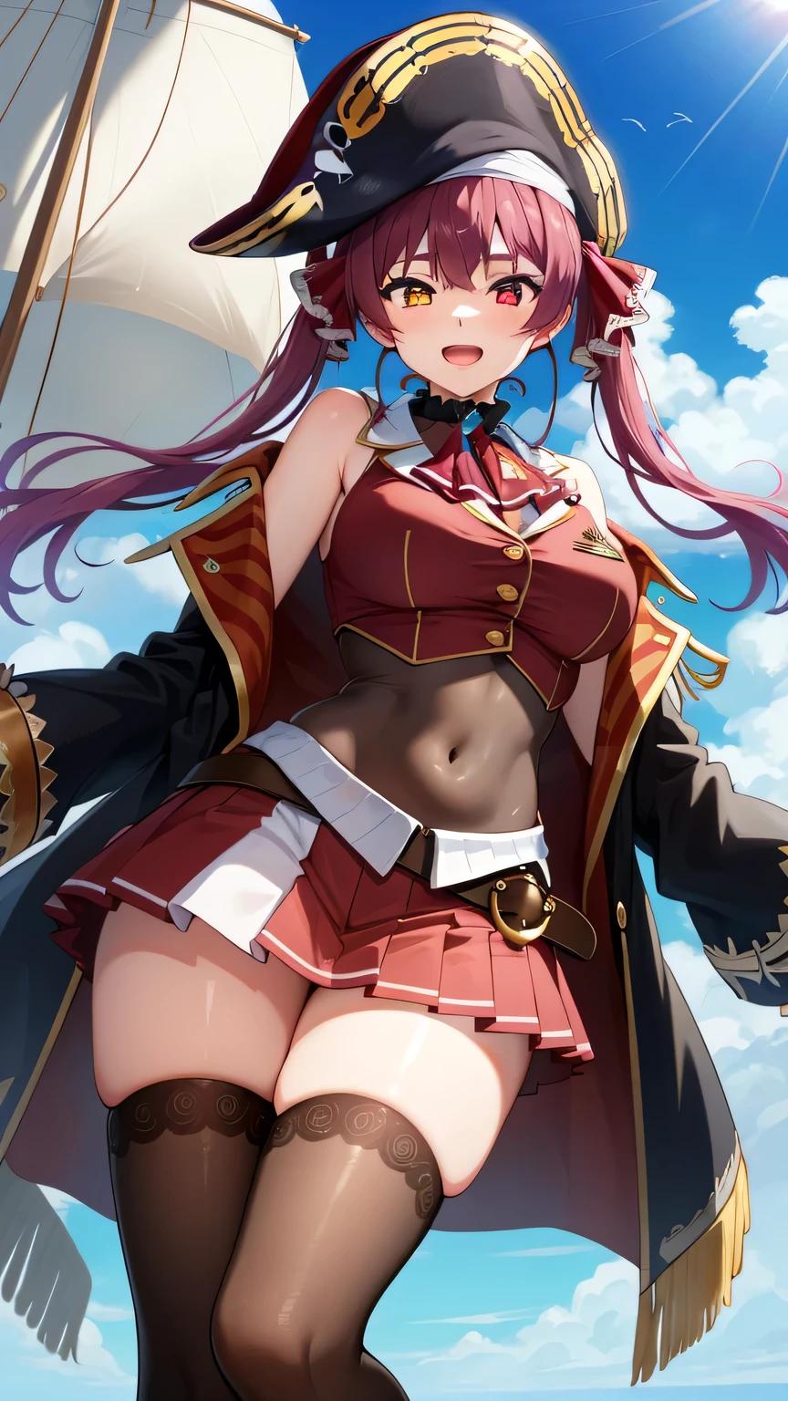 {{{masterpiece}}}, (best quality:1.5), (ultra-detailed:1.5), {illustration}, {{an extremely delicate and beautiful}}, (beautiful detailed eyes:1.6), absurdres, highres, extremely detailed face, 16k, hd, visual anime de uma jovem mulher, extremamente bonito rosto de anime, anime melhor garota, (perfect hands, perfect anatomy), anime face, Houshou Marine(Hololive), aamarine, 1girl, solo, cute face, long hair, red hair, twintails, hair ribbon, heterochromia, (red eyes:1.3), yellow eyes, breasts, large breasts, big hips, curvaceous, BREAK, black bicorne, pirate hat, black coat, long coat, long sleeves, off shoulder, red jacket, cropped jacket, sleeveless jacket, leotard, see-through, leotard under clothes, frilled choker, red ascot, white gloves, brown belt, red skirt, miniskirt, pleated skirt, leather belt, black thighhighs, thighs, zettai ryouiki, BREAK, pirate, smiling, looking at viewer, open mouth, cross-legged, flushed cheeks, flash effect, outdoor, on the ship, with a pirate ship, sunshine, peer in from below
