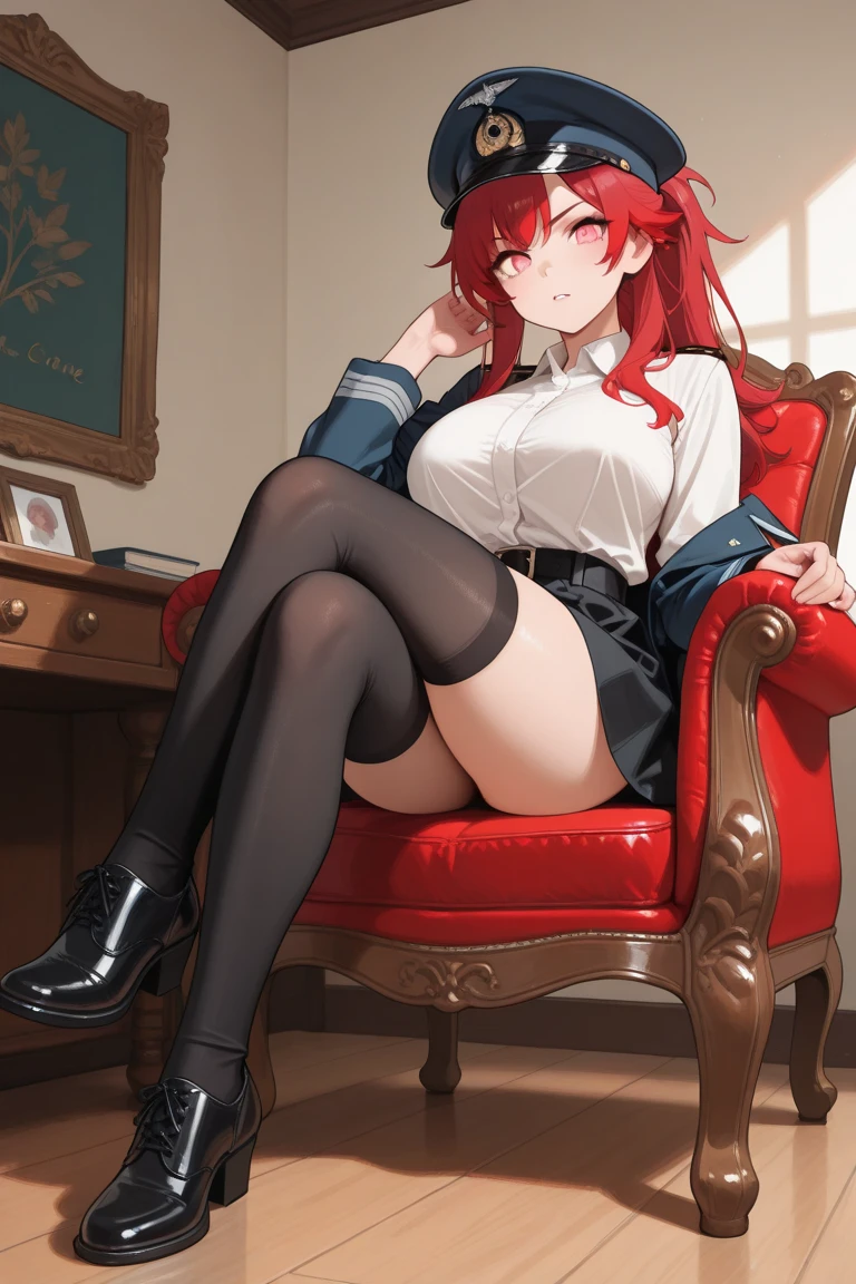 My name is Hikaru, I am a white test doll with long red hair and black eyes. I am 1.60 cm tall and weigh 56 kg. My breast sizes are 300 cm, my waist is 60 cm and my hips are 200 cm. Dressed in a long blue jacket and a garter belt along with a black thong. With big breasts 310 cm . Sitting in a desk chair