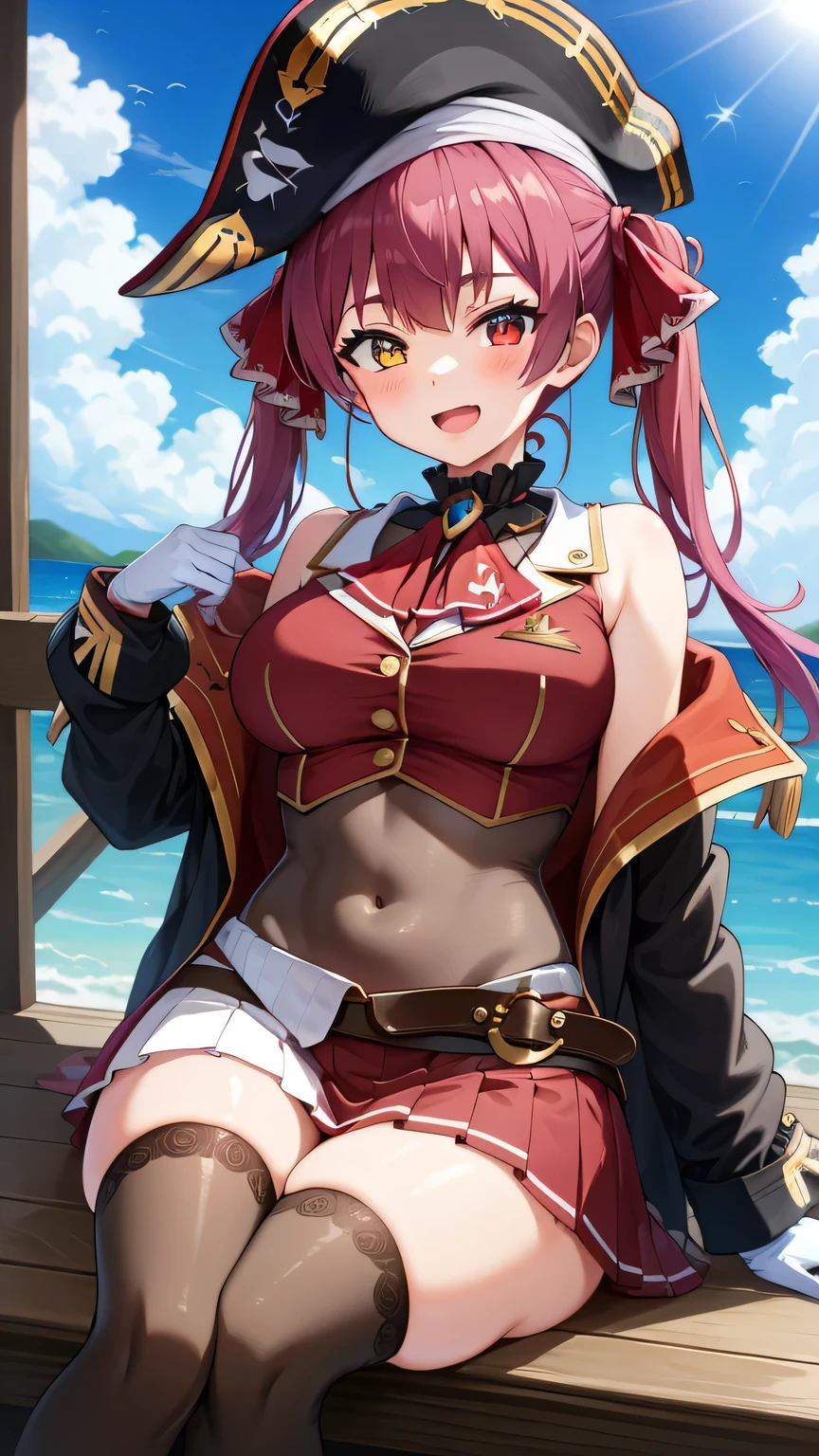 {{{masterpiece}}}, (best quality:1.5), (ultra-detailed:1.5), {illustration}, {{an extremely delicate and beautiful}}, (beautiful detailed eyes:1.6), absurdres, highres, extremely detailed face, 16k, hd, visual anime de uma jovem mulher, extremamente bonito rosto de anime, anime melhor garota, (perfect hands, perfect anatomy), anime face, Houshou Marine(Hololive), aamarine, 1girl, solo, cute face, long hair, red hair, twintails, hair ribbon, heterochromia, (red eyes:1.3), yellow eyes, breasts, large breasts, big hips, curvaceous, BREAK, black bicorne, pirate hat, black coat, long coat, long sleeves, off shoulder, red jacket, cropped jacket, sleeveless jacket, leotard, see-through, leotard under clothes, frilled choker, red ascot, white gloves, brown belt, red skirt, miniskirt, pleated skirt, leather belt, black thighhighs, thighs, zettai ryouiki, BREAK, pirate, smiling, looking at viewer, open mouth, on a pirate ship deck, sitting on barrel, cross-legged, flushed cheeks, flash effect, outdoor, on the ship, with a pirate ship, sunshine, peer in from below