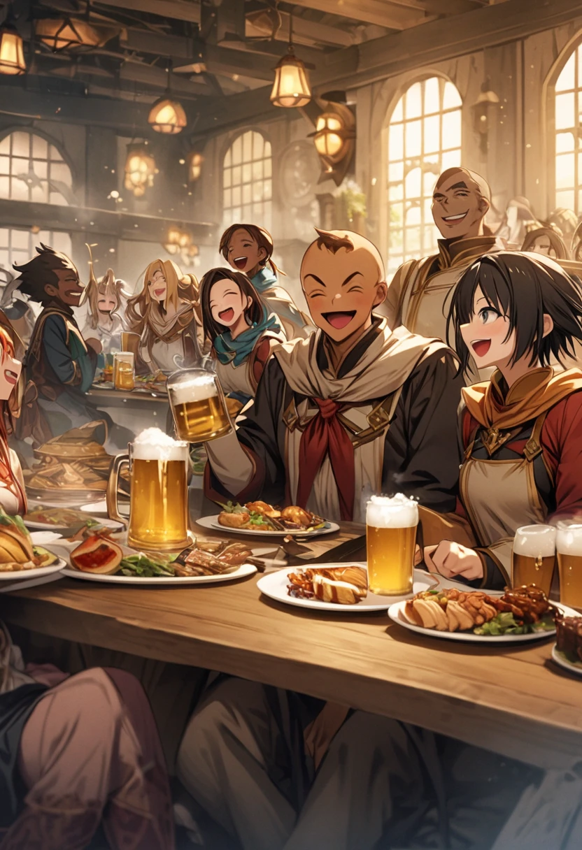 (masterpiece:1.4), (Highest quality:1.4), Very detailed, Complex, Very detailed, shape,Soft lighting, Tavern, More than one personで語り合う, Hopeful Face, smile, More than one person, Mixed gender, a group of adventurers, character from RPG games, (character: human, Fairy, Fairy, Dwarf, The Hobbit), (exterior: Swordsman Style, Shaman Style, Monk Style, Magician style), (belongings: Long sword, dagger, Holy Staff, Magic wand, shield, metal armor, Leather Armor), Perfectly accurate anatomical shape、All limbs intact、Perfect full finger, Colorful characters, Drinking alcohol and getting drunk, Dancing drunk,Huge, Majestic, Uplifting expressions, みんなのsmileが素晴らしい.