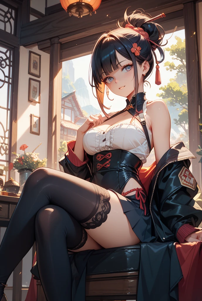 a sexy woman, (best quality), (masterpiece), (1girl), slim, anime, (flat chested), (chinese dress), (sitting), (protrait), (full body view), (spread legs)
