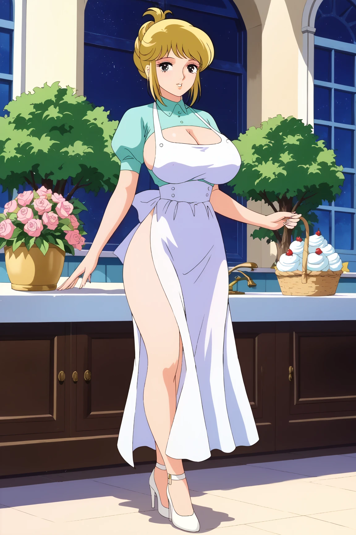 amicia michella - nijisanji, 1girl, brown short hair, yellow inner hair, wavy hair, green eyes, detailed eyes, thin lips, painted lips, shy smile face, wide hips, thick thighs, huge round ass, shiny oily breasts, white bridal dress, white pantyhouse, white high heels, full body, sunrise, garden, dynamic pose, nsfw, high res, ultrasharp, 8K, masterpiece