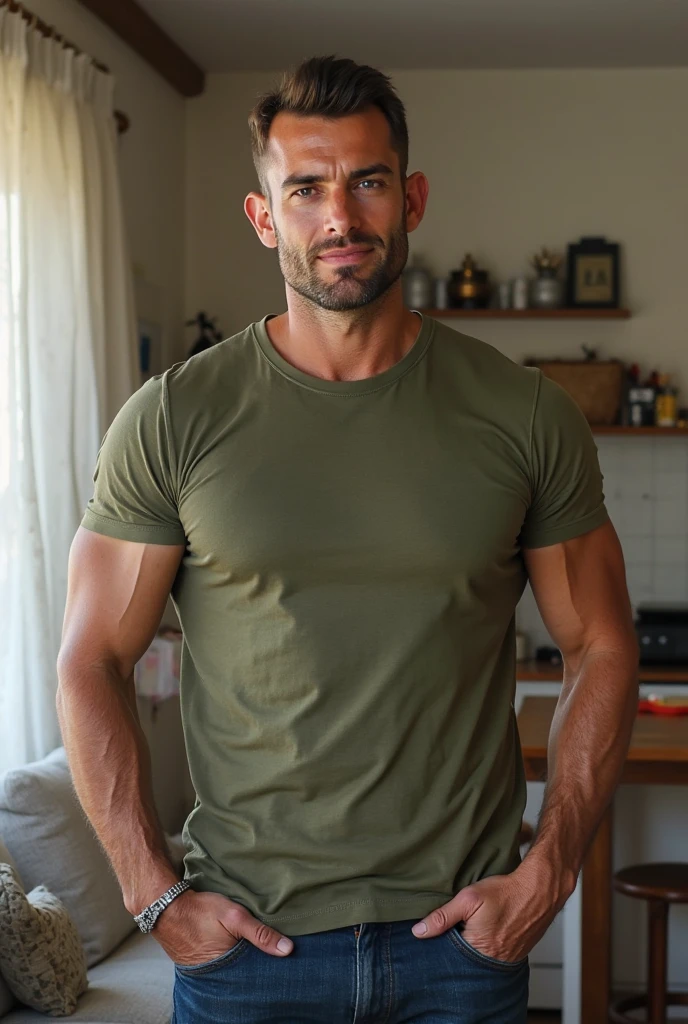 masterpiece, 4k, soldier, ((elegant military uniform)), ((muscular, very hairy chest, )), Tight pants, bulk, grey hair, elegant, sexy, sweaty, , Bright, perfect hands , smiling , strong and muscular legs, de perfil,