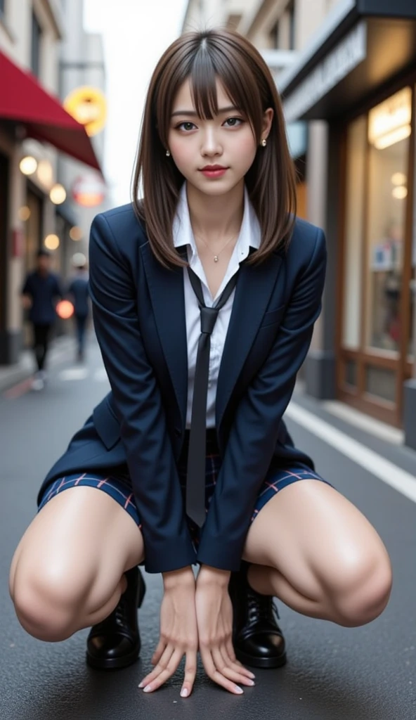 (best quality,4k,8k,highres,masterpiece:1.2),ultra-detailed,(realistic,photorealistic,photo-realistic:1.4), profesional photograph by dunitskiy david, natural light, portraits, a beautiful young japanese girl, , wearing ((grey blazer, red necktie, white button dhirt, socks, nike shoes, high school uniform: 1.4), very low neckline, exposed cleavage), sadness look, soft glow, elegant beauty, detailed blue grey eyes, sexy pose, delicate skin texture, flowing messy hair, innocent expression, skinny posture, collarbone, naturally sagging breast, hugeboobs, knees up, sitting pose, spread legs, (brick street with low light:1.4), subtle shadows, dark and scary background, shallow depth of field, high contrast, dark and foggy atmosphere, fine art photography, low angle, (seen from below:1.3), photon mapping, 