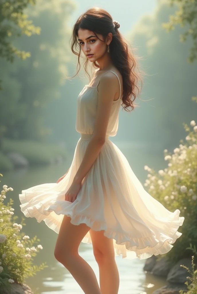 masterpiece, best quality,(realistic:1.3),beautiful girl hangs on balloons and flies in the sky,sunshine,god ray,fractal art