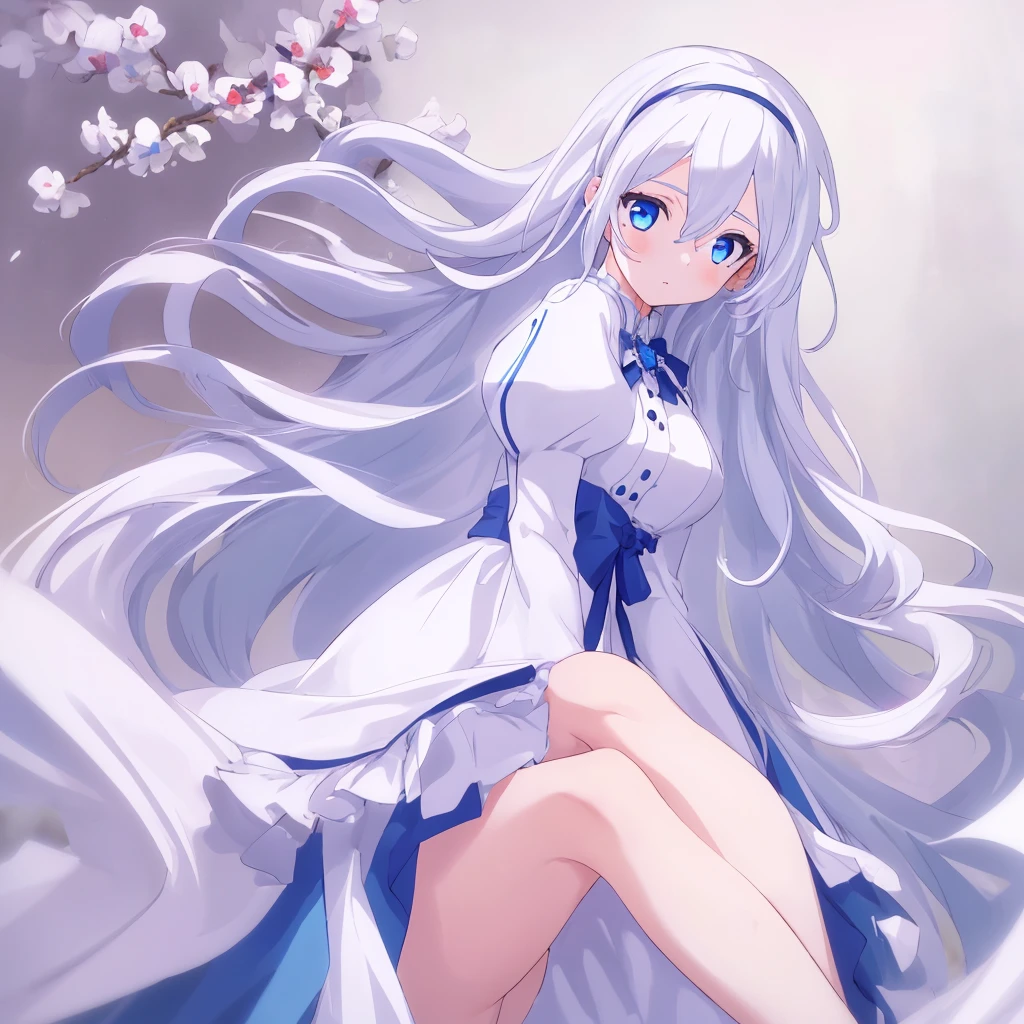 white hair, long hair, forked eyebrows, thighhighs, bangs, dress, long sleeves, small breasts,white flower, blue dress, sidelocks, cape, brown eyes