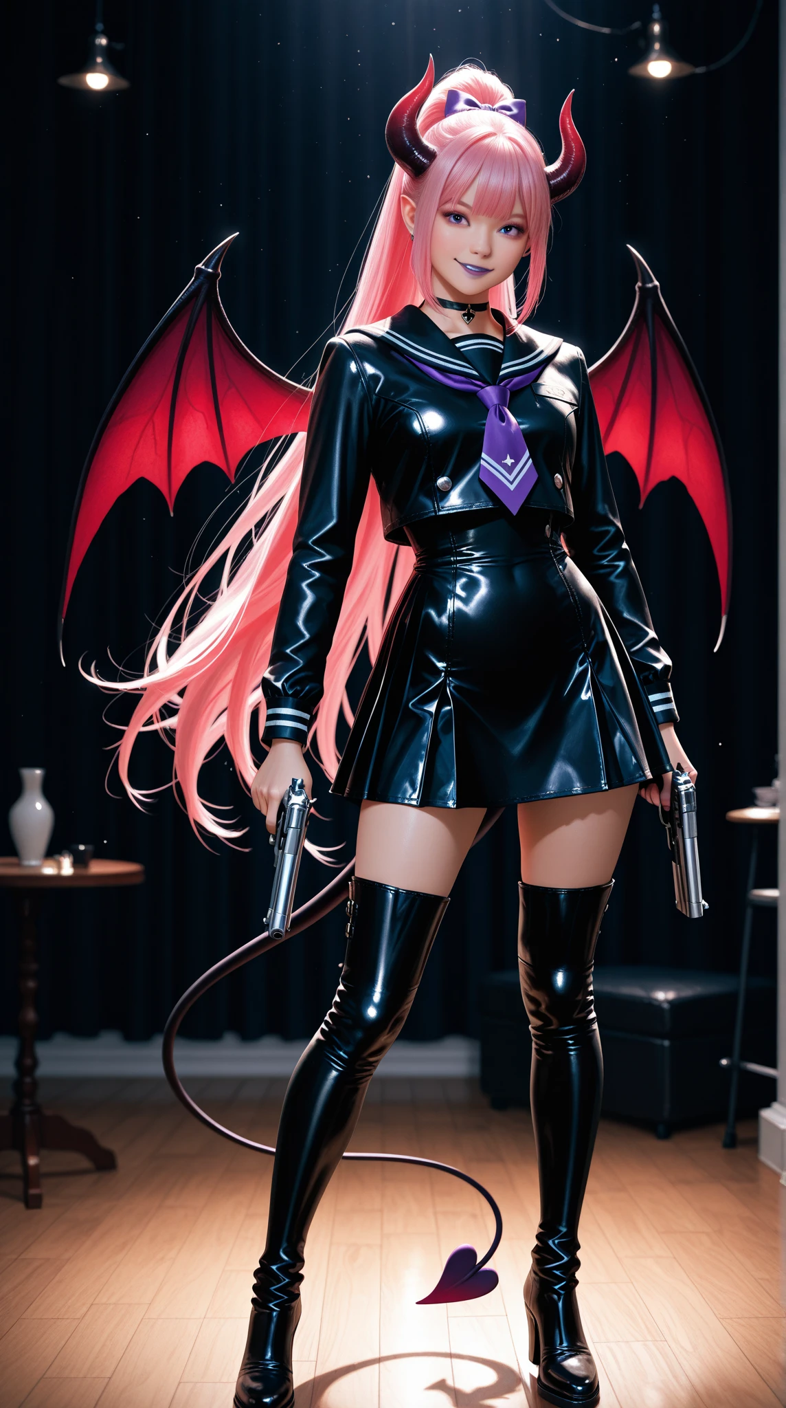 ((ultra realisitic)), ((picture-perfect)), ((face perfect)), ((ultra detaild)), ((fully body)), ((perfectbody)), succubus girl in school clothes((seifuku)), standing in a classroom, long blonde hair with pink highlights and bangs, purple eyes, Vertical pupil, updo hairstyle, fully body, demon girl with tail, horns on head, razor-sharp claws, Tattoo on Underbelly, moral corruption, with succubus wings, succubus tail, sharp fingernails