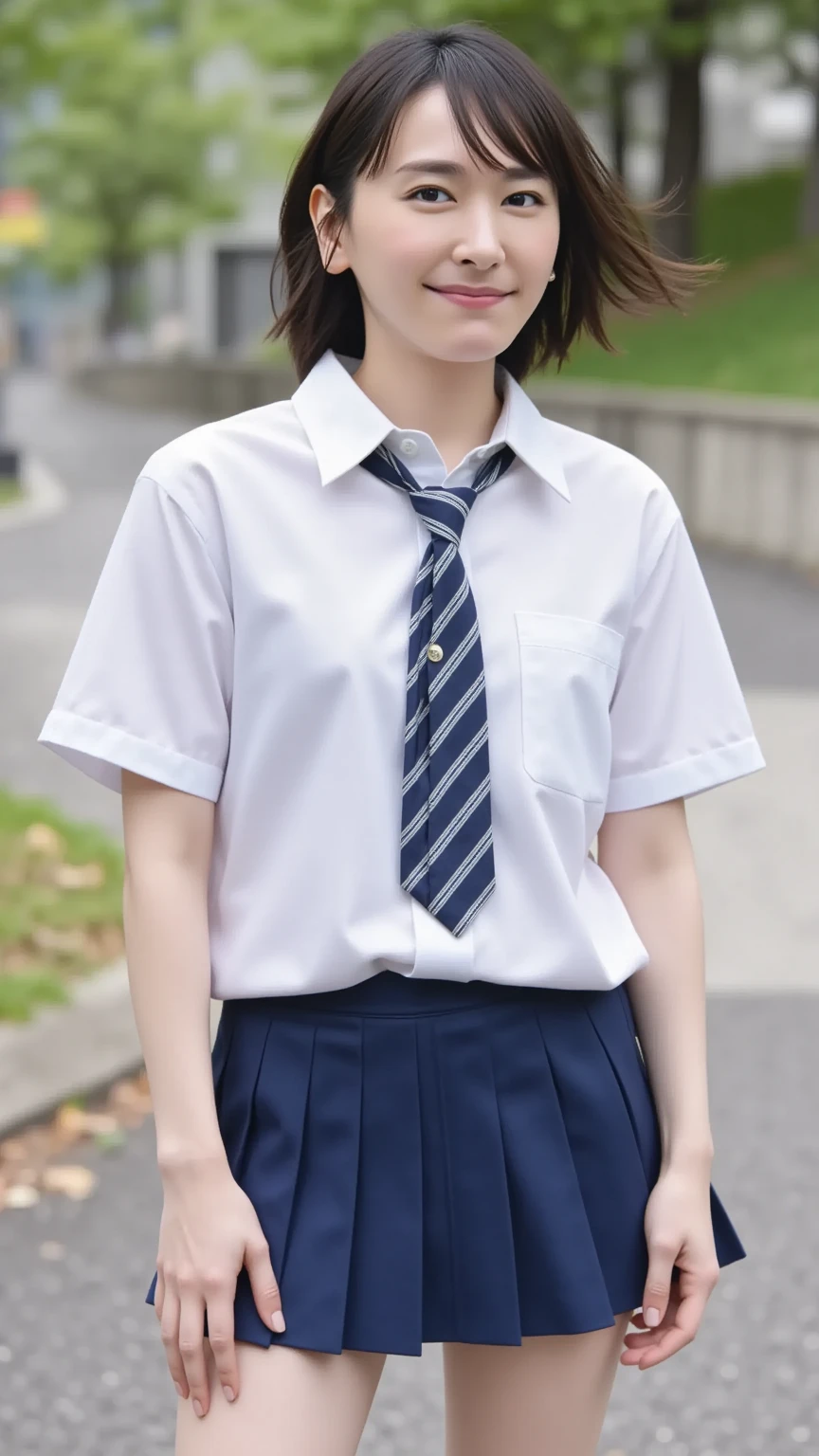 ((highest quality, masterpiece :1.3)), Photorealistic、Ultra-high resolution、Natural skin texture、Hyperrealism、Photograph from the knee up、12 year old beautiful Japanese girl、Twin tail hair、well-shaped breasts、White collared shirt and tie、mini skirt、Frightened expression