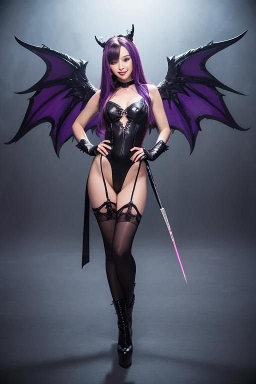 废墟, one-girl, Dragon wings, Black dragon horn, Black armor, (two-handed ax), Purple Thunderbolt, short detailed hair(Purple colored hair),red color eyes
