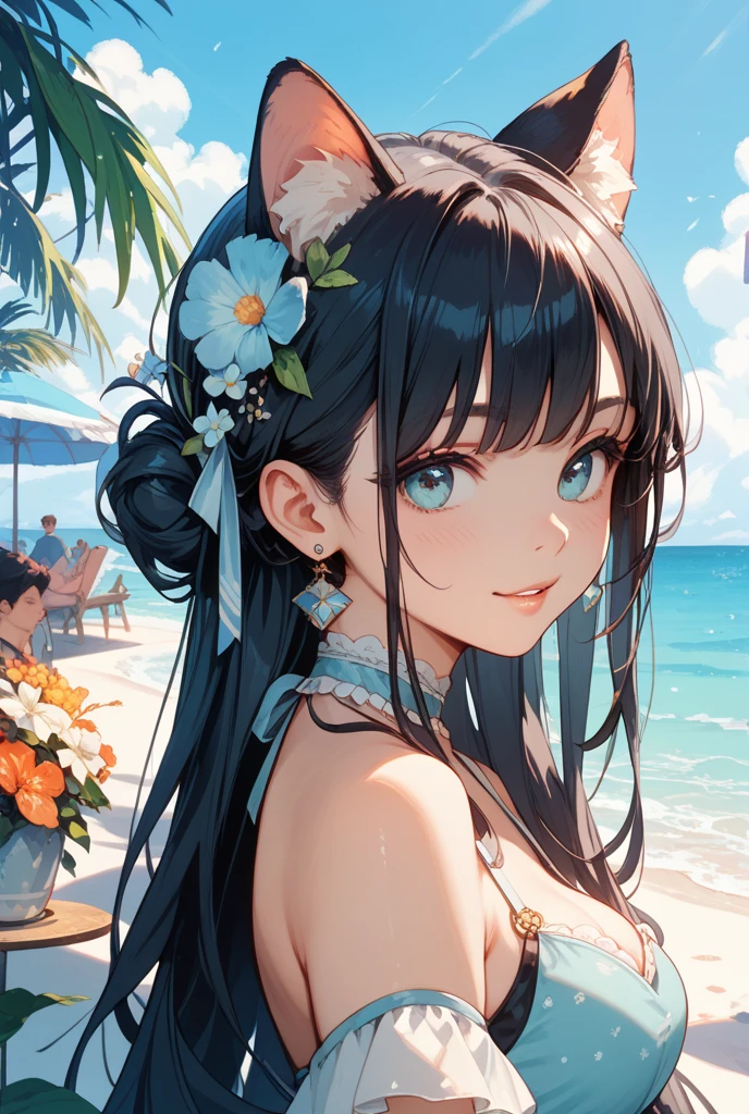 ((masterpiece、8K、highest quality: 1.perfect fingers: 1.perfect anatomy: 1.3、background blur))、((two girls in the center of the screen))、(dog ears、((swimsuit))、kimono maid、long sleeve)、((16 years old、small face、super beautiful girl、straight long hair))、((Smile))、(full body display、((Kneeling))、wide shot)、((blue sky、summer lakeside、Hot sunshine、white sand beach)):1.1、