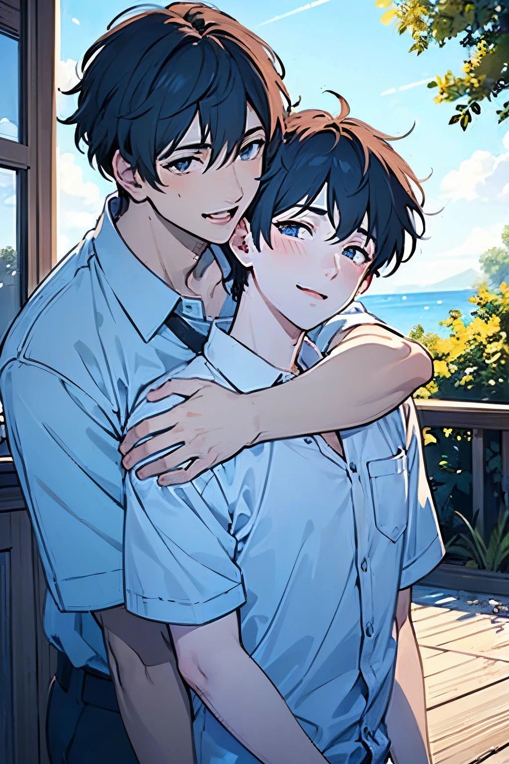 ((boy :1.5)),(( calm adult men:1.0)), black hair, tea hair, blue eyes, red eyes,((NSFW:0.65)),(2 men:1.0),(Yaoi:1.2),((hold each other's shoulders:1.25)),((A calm adult man who grabs his arm and pulls him in :1.0)),(looking viewer:1.0),Grinning face,((approx:1.0),(( flirtatious:0.8)),