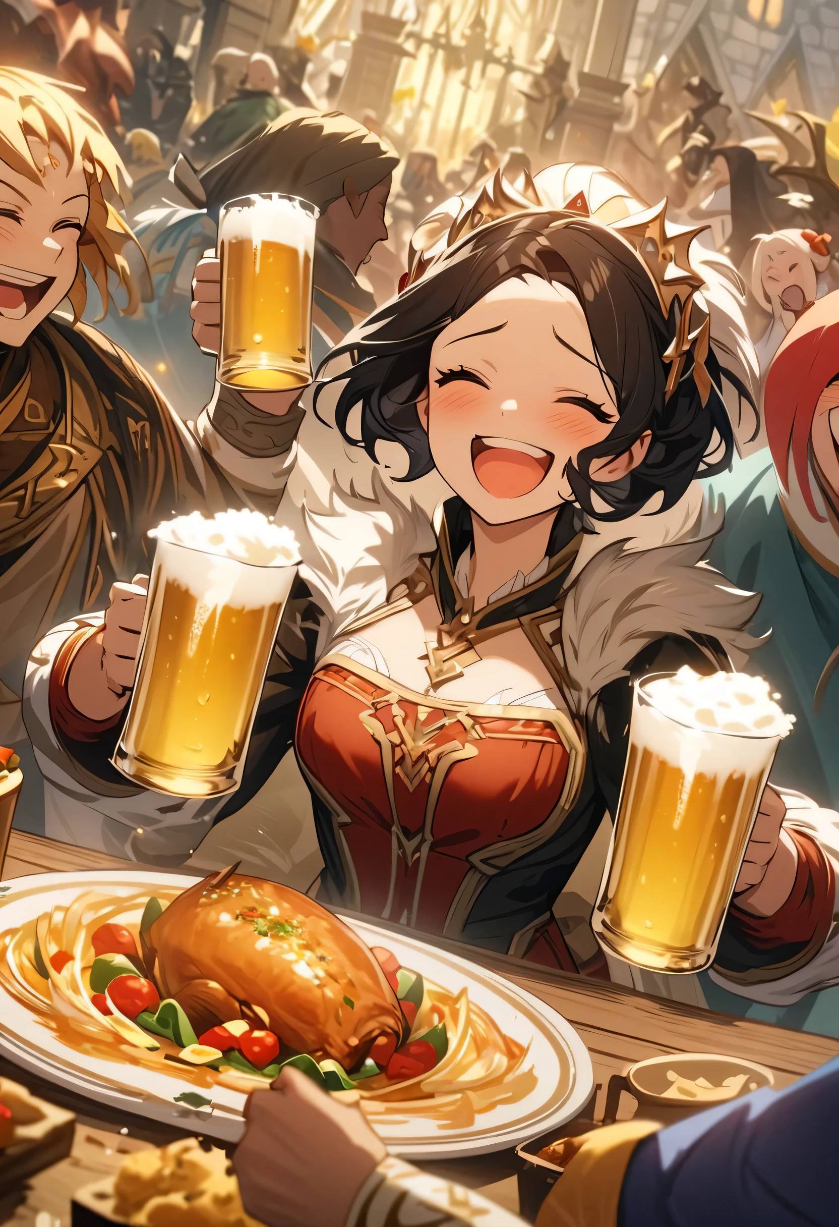 In the guild, different races, laughing jokes, party guild, warm atmosphere, food and beer, fantasy, absolute, 4k, master piece, warm atmosphere, detail, nice portrayal