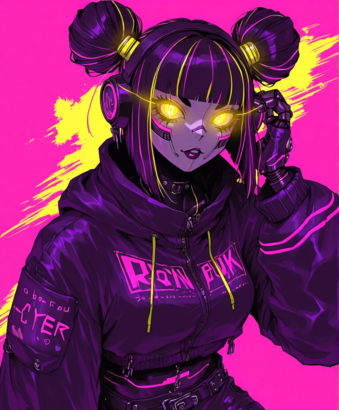 The Sex Box of Hell 1 chica,Alone,showy,yellow eyes,cyberpunk,city,peace sign,earrings,purple hair,eye patch,parts,prosthesis,mechanic,neon,beautiful lighting,Purple reflection,cap,to smoke,Character focus,computer generated illustration,bust shot,I wore a yellow and black outfit.,black fur,