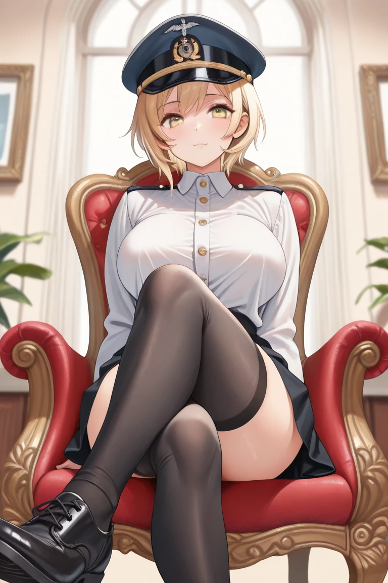 a woman,brown eye, smiles, in german house, big breasts