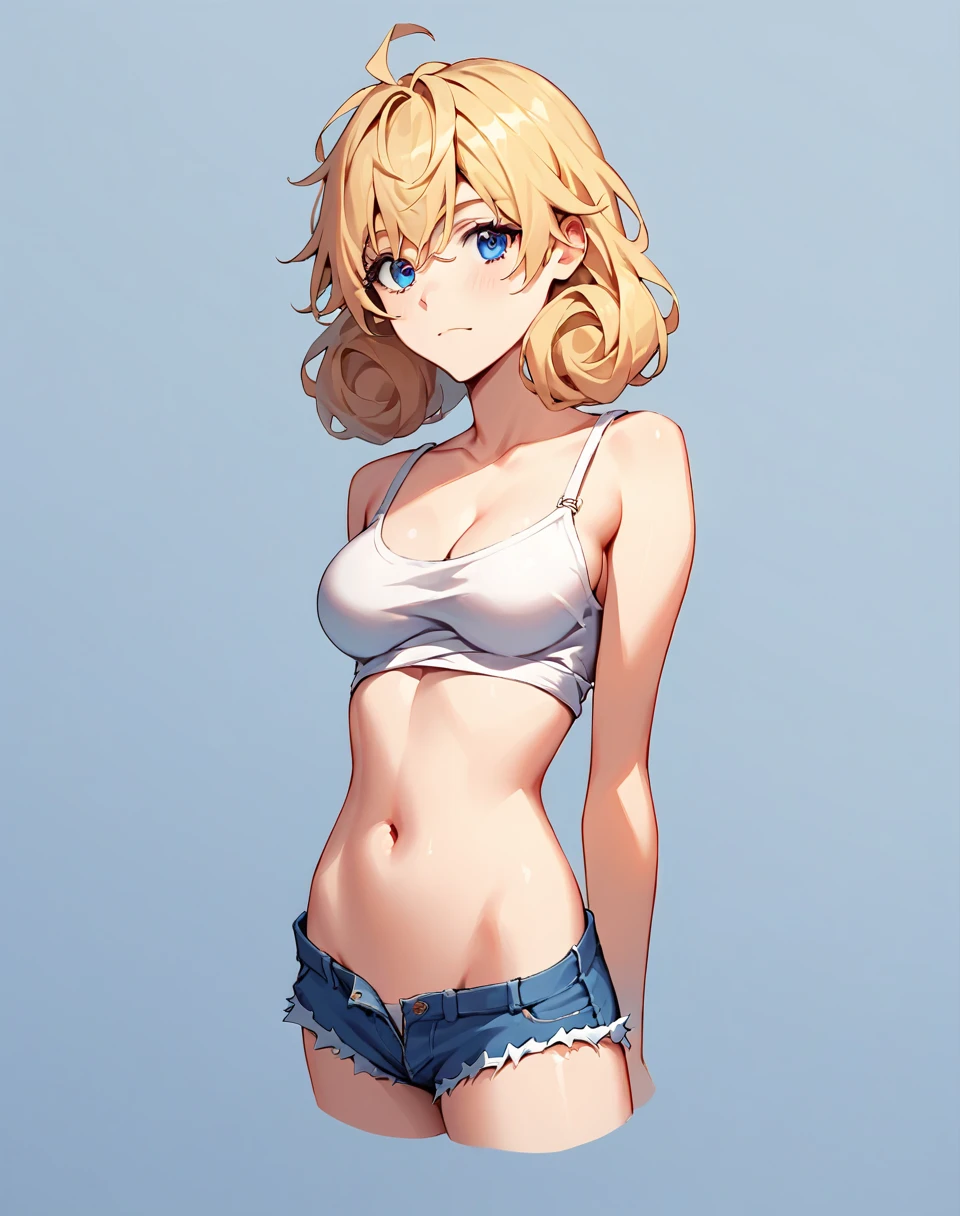 <lora:PonyXL_-_Shon_Howell_Style - Epoch 8:0.75> 1girl, female focus, pinup, solo, breasts, large breasts, cleavage, polychrome, colorful, bare shoulders, standing, short hair, blonde hair, blue eyes, panties, lace bra, source_cartoon, score_9, score_8_up, score_7_up, score_6_up, score_5_up, score_4_up,