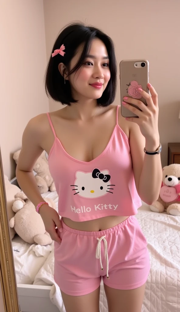 Fortnite skin A light tan girl with brown curly hair thats shoulder length and shes wearing hello kitty pajama pants and a white crop top. Shes a bit chubby but had an hour glass body