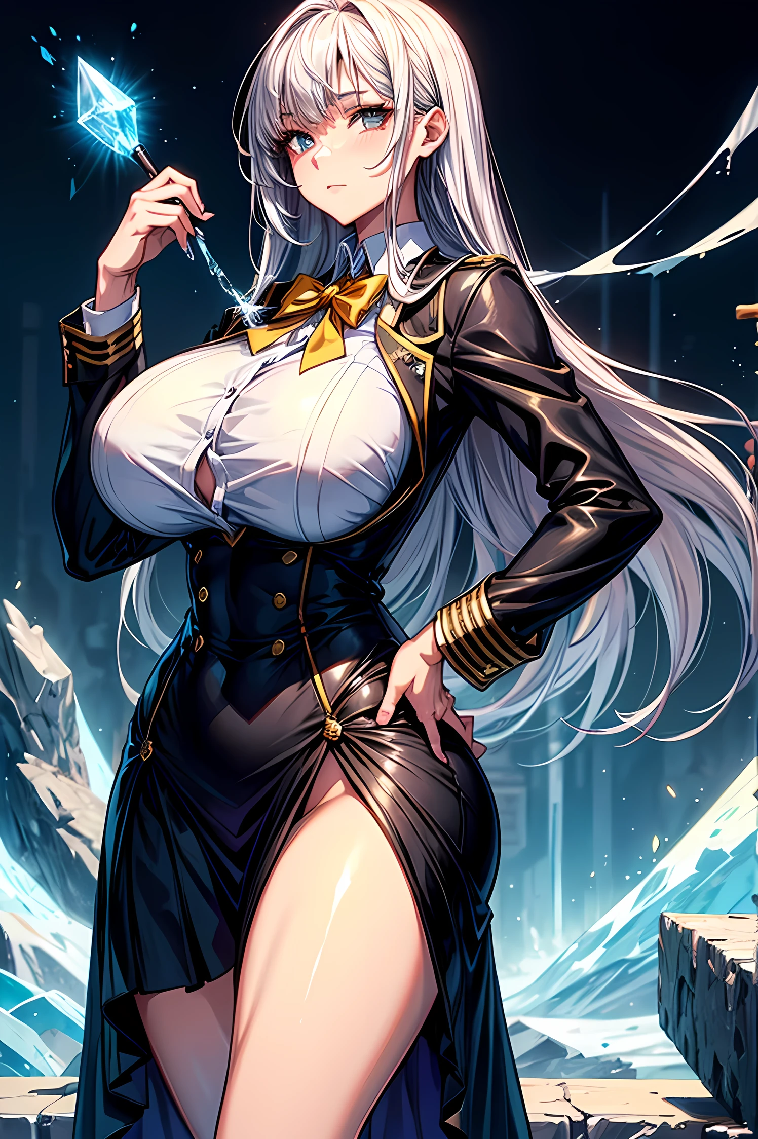 1 woman, woman fighting two zombies, High school girl swordsman, holds a katana in his right hand, long black hair, beautiful eyes, detailed eyes, Red eyes, choker:1.6, captivating look, wearing a white long-sleeved button-down shirt, belt、leather　Brown　corset　chain, golden decoration、leather　濃いBrown, big breasts, shiny black tight leggings, Snowy forest, snow night, Dark, Moonlight, absurd, high resolution, ultra-sharp, 8k, Masterpiece, front view, looking at the viewer