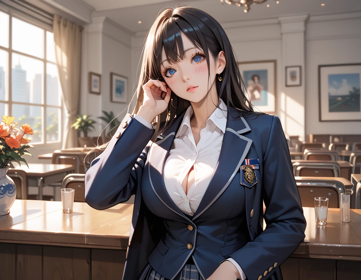 student in uniform, showing your breasts to the teacher to increase your grade.