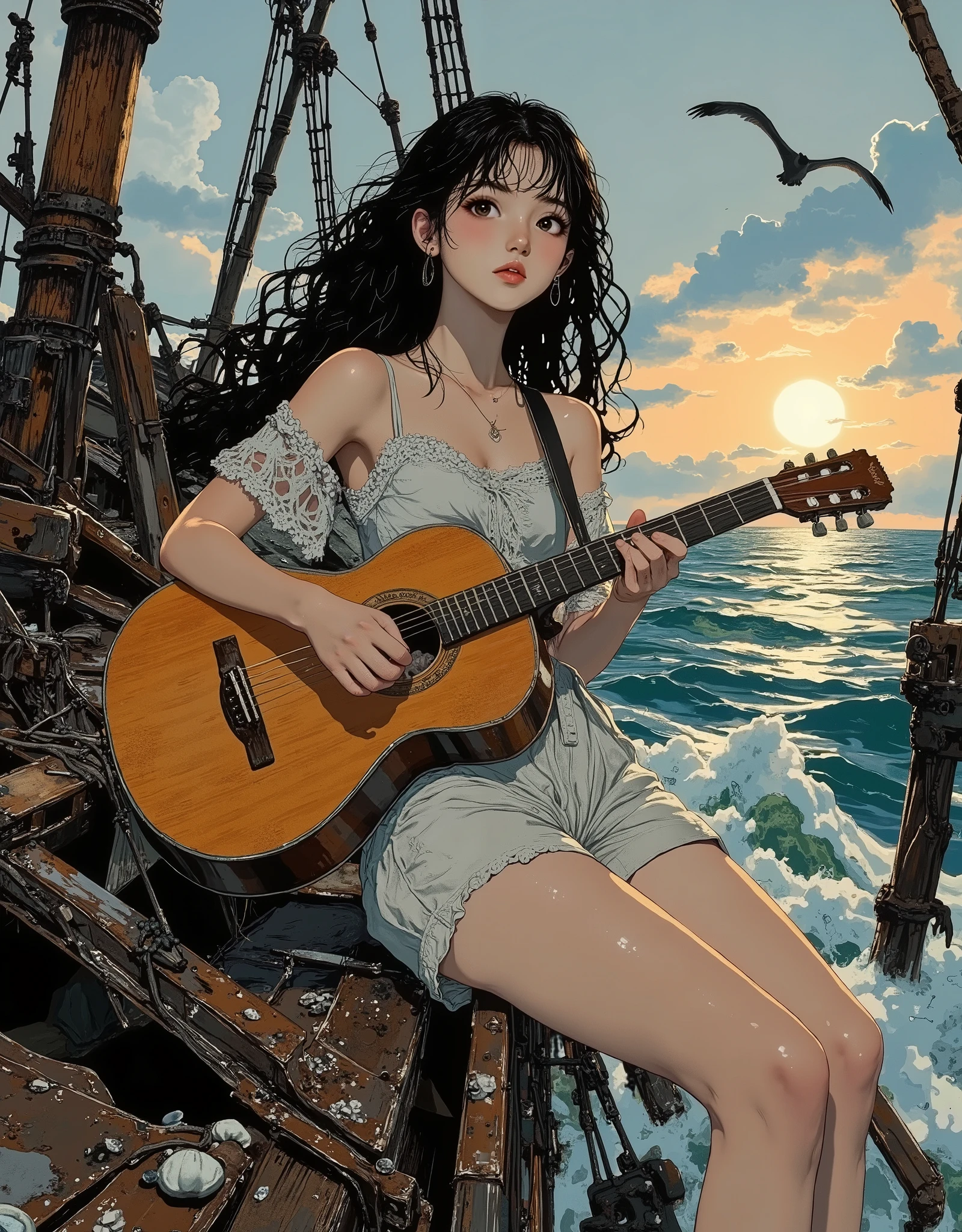 Semi-realistic animation illustration with high resolution, clear black contours, expressive shading, rich natural lighting. A young girl is playing the guitar, sitting on the sloping railing of a half-sunken wooden ship, her bare feet clinging to wet, weathered boards, and waves gently lapping against the hull. Her long curly dark hair is blowing in the wind. She is wearing an off-the-shoulder crop top trimmed with fine lace and high-waisted linen shorts, the fabric of which is slightly damp from the fog. Her piercing amber eyes glow with curiosity and quiet nostalgia as she looks out at the open sea, at the golden reflections of the setting sun reflecting off the rippling water. Around her, rusty metal beams and broken wooden masts, entangled in algae and shells, stick out of the wreckage. In the distance, seabirds scream overhead, silhouetted against the warm glow of the sky, and the endless ocean stretches to the horizon. Picturesque dark blue, sun-drenched gold and muted turquoise colors create a serene, melancholic and at the same time adventurous atmosphere. bright colors, nostalgic atmosphere, charming art style, low viewing angle, semi-realistic digital art, high detail