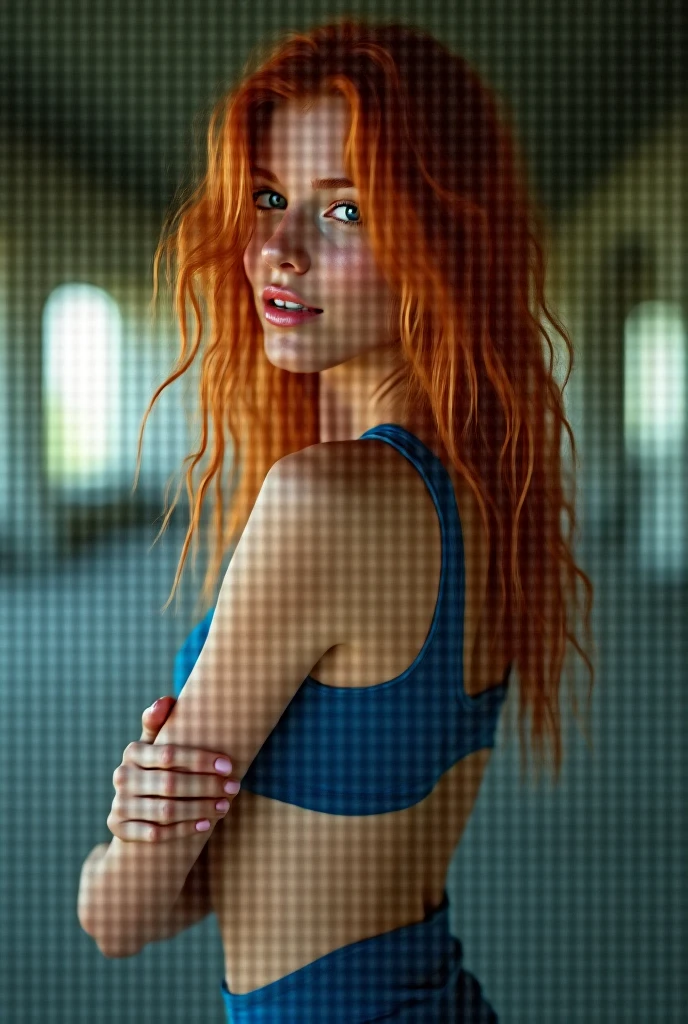 (((A full body photoshoot))), (((full length portrait))), hyper realistic, ultra detailed photograph of Nami, Red orange hair, ((Jade ocean:1.25)), wearing blue bra skinny jeans, shiny, sunlight fractal details, (Anna Steinbauer:1.5), depth of field, HOF, hall of fame, detailed gorgeous face, apocalyptic environment, natural body posture, professional photographer, captured with professional DSLR camera, trending on Artstation, 64k, ultra detailed, ultra accurate detailed, bokeh lighting, surrealism, Thomas Kinkade background, urban, ultra unreal engine, ((Pauline Voß)), ((Pascal Quidault)), ((Anna Helme)), Martina Fackova, intricate, epic, freckles, peach fuzz, detailed mascara