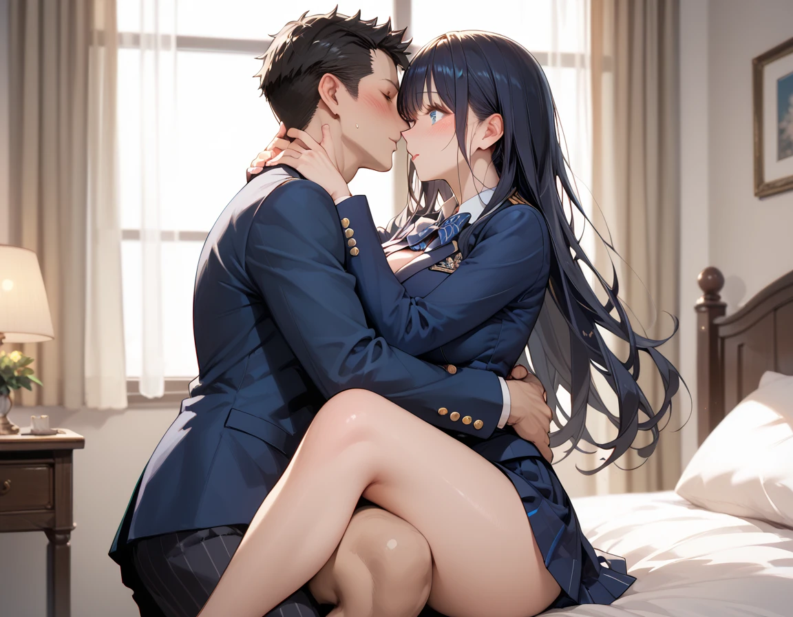 (score_9, score_8_up, score_7_up:1.8), (source_anime:1.5), (insanely detailed:2.0), (ai-generated:1.8), (intricate details:1.8), (Naturally Cool Detailer:1.8), (masterpiece:1.8), (best quality:2.0), (PA7_Human-Likeness:2.0), (Brigthly-lit:2.0), (Enhance CGI Realism:2.0), (Maximize Detail Slider:2.0), 4k, HD, 8k, highres, antialiasing, detailed textures, komi shouko, purple eyes, black hair, long hair, looking to the side, red bowtie, blue blazer, collared shirt, long sleeves, striped, pleated skirt, red skirt, bare legs, fucking vagina 1boy, nsfw, sex from behind, big penis, vaginal sex.