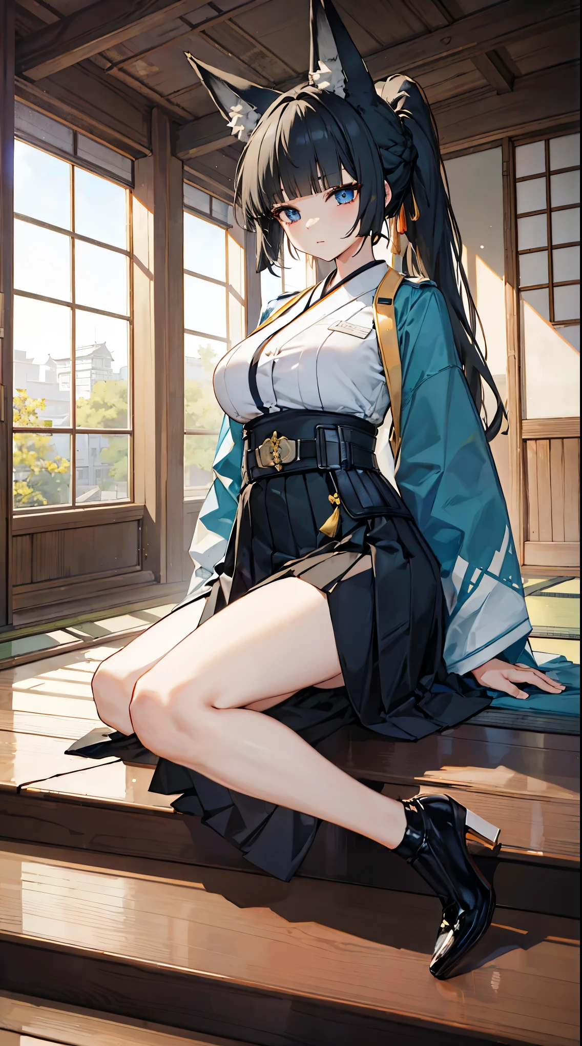 top grade 、、(Whitening skin)、black hair、ponytail,LONG HAIR、blue eyes、Fox Ear、Petite、slender、Hakama、uniform、、Big Breasts、on the steps、Mansion、Japanese-style room、、、,