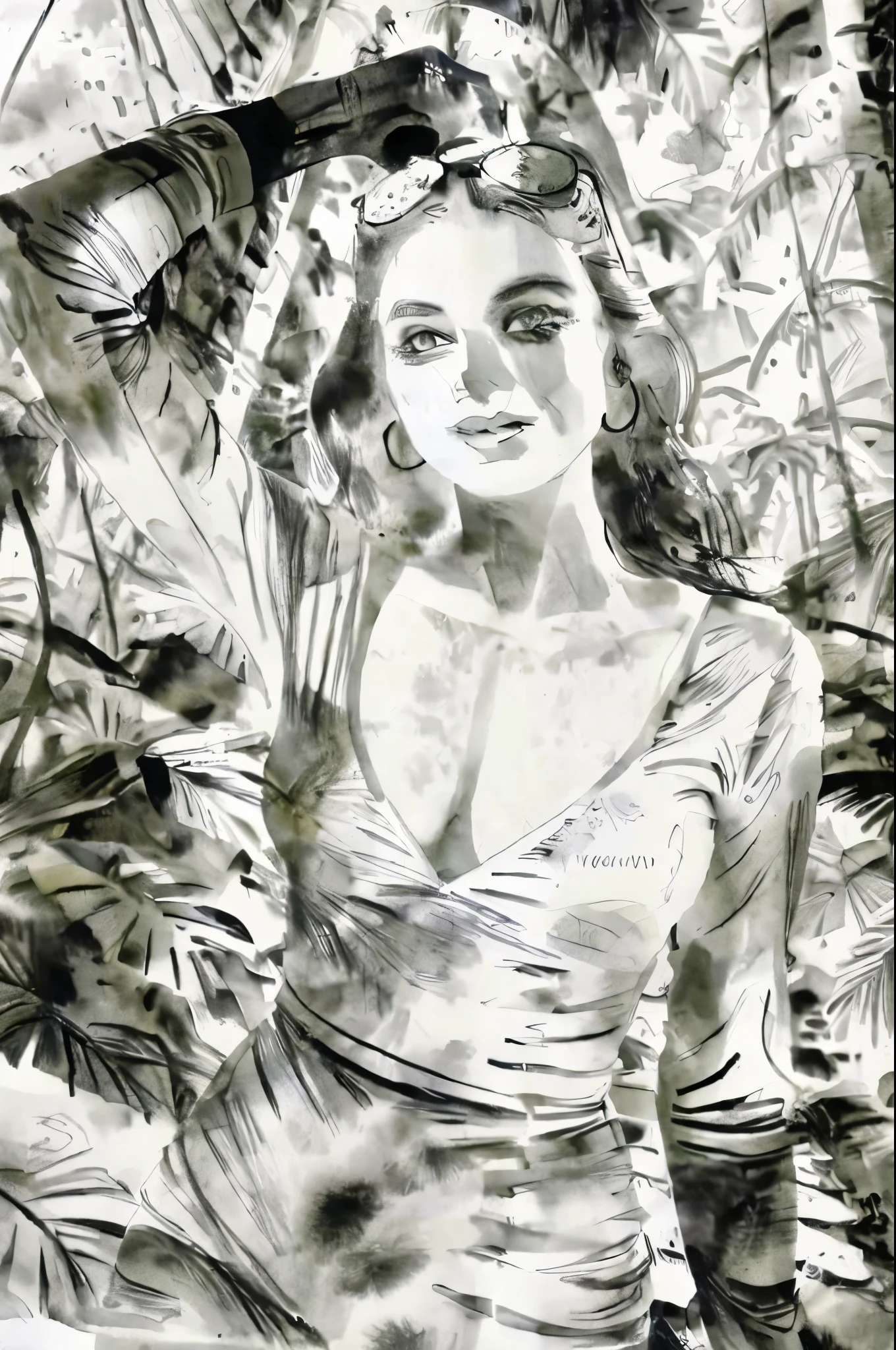 black and white tones, masterpiece, best quality, tradition chinese ink watercolor paintings, use thick and light inks to create light and dark changes and layers, a beautiful 20s russian model, ultra detailed face
